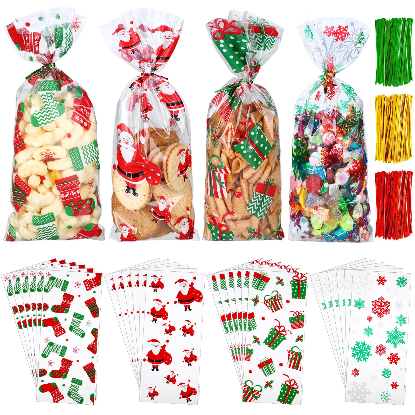 200 Pcs Christmas Cellophane Bags with 300 Twist Ties - 4 Styles for Holiday Candy, Cookies & Party Favors - Perfect for Christmas Treats, Gift Wrapping & Themed Party Supplies