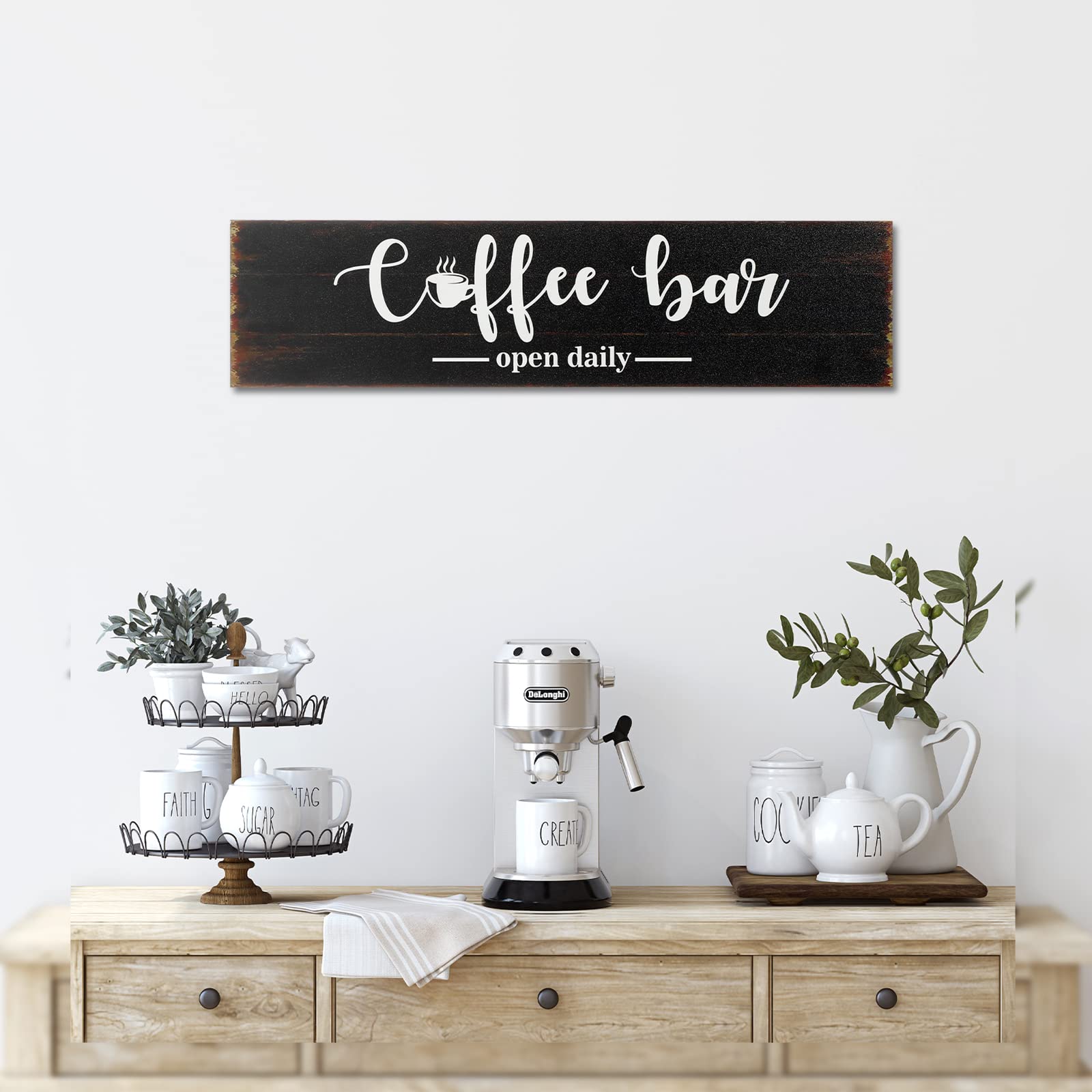 Rustic Wood Coffee Bar Sign - Farmhouse Wall Decor for Coffee Station, 2.95 x 11.8 Inches, Brown Background - Perfect for Kitchen, Café, or Home Bar Décor