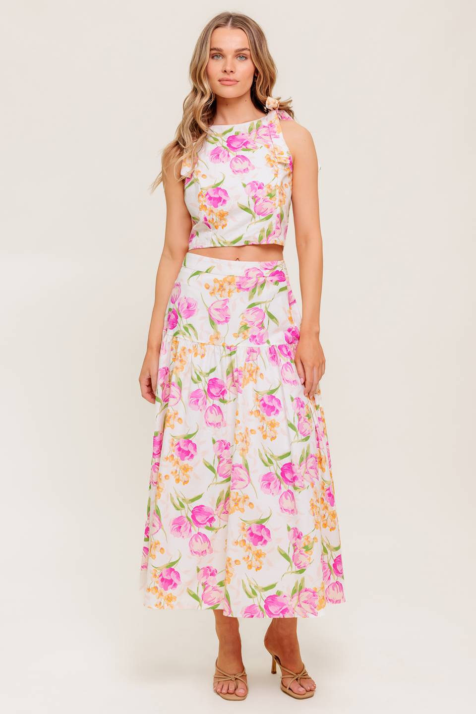 Pink Tulip Floral Print Top & Midi Skirt Set for Women - Spring Summer Garden Party Outfit, Beach Vacation, Brunch Date