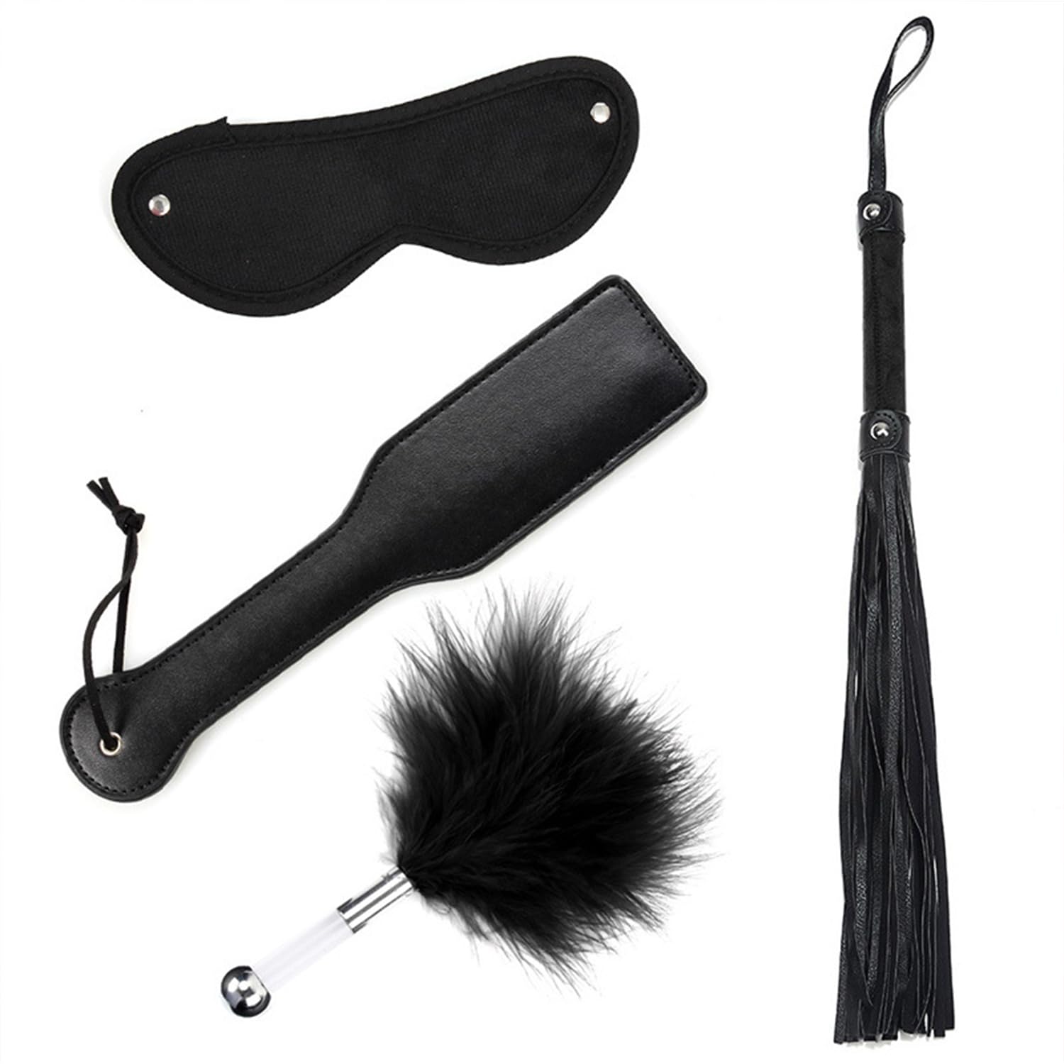 4Pcs Leather Bondage Paddle Set - Feather Whip & Spanking Paddle for Couples Role Play, BDSM Accessories, Restraint Flogger for Sensual Play (Black) - Perfect for Bedroom Fun, Adult Games & Intimate Exploration