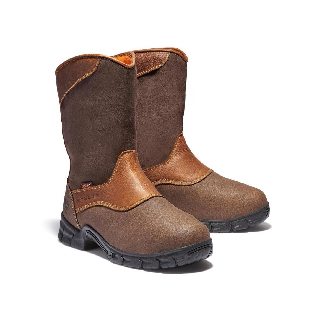 Excave Steel Toe Waterproof Pull-On Work Boots for Men - ANSI Safety Toe & Metatarsal Guard - Slip Resistant Brown Work Shoes for Construction, Warehouse & Industrial Use