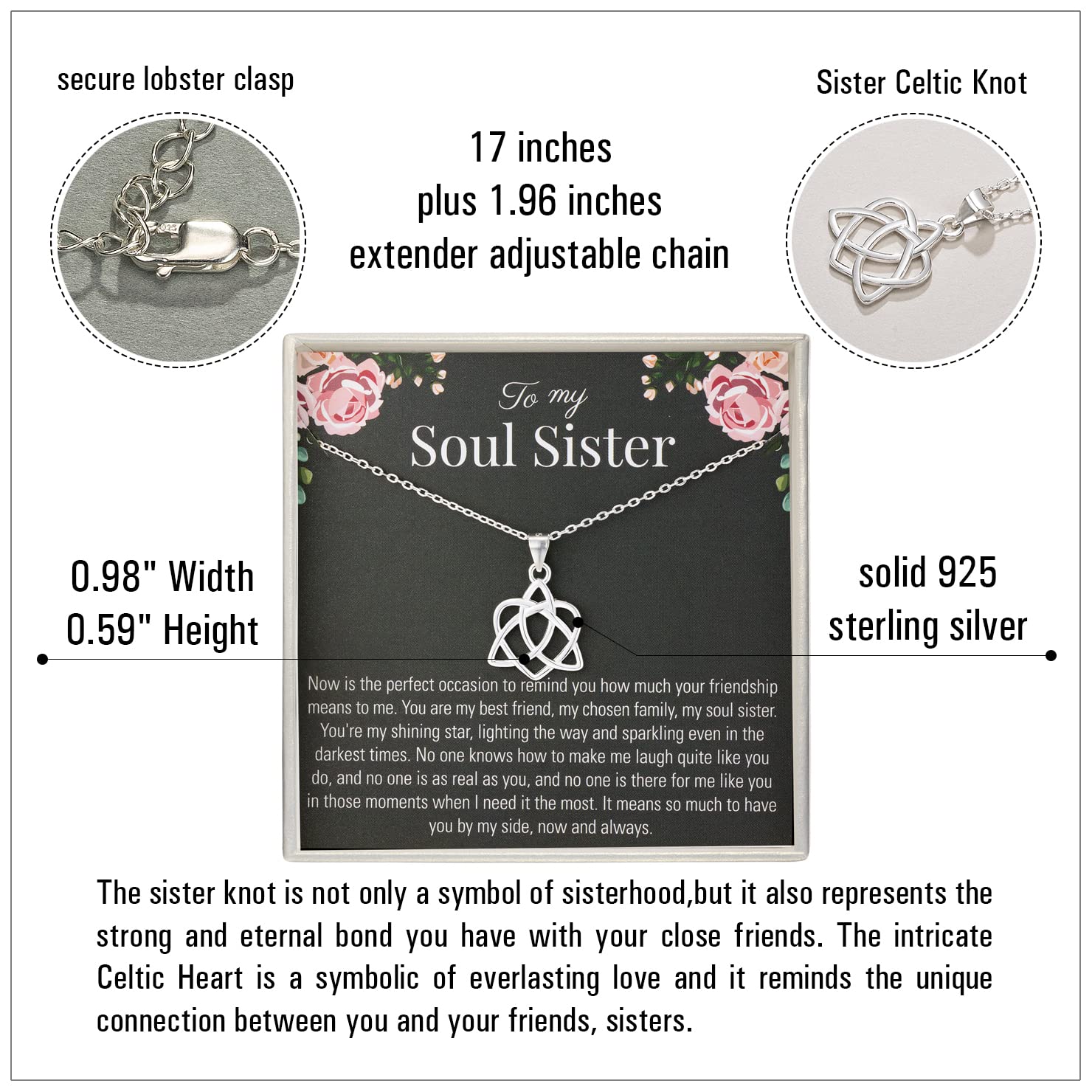 RareLove Soul Sister 925 Sterling Silver Celtic Knot Infinity Heart Necklace - Best Friend Birthday Gift for Women, Perfect for Anniversaries, Graduations, and Sisterhood Celebrations