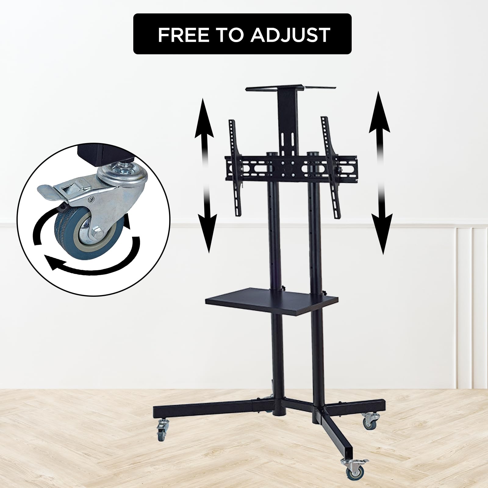 Adjustable Rolling TV Stand with Power Outlet for 32-65 Inch Flat/Curved LED/LCD/OLED TVs - Mobile TV Cart with Wheels, 220 lbs Capacity & VESA 600x400mm - Perfect for Living Room, Bedroom or Office Entertainment Setup
