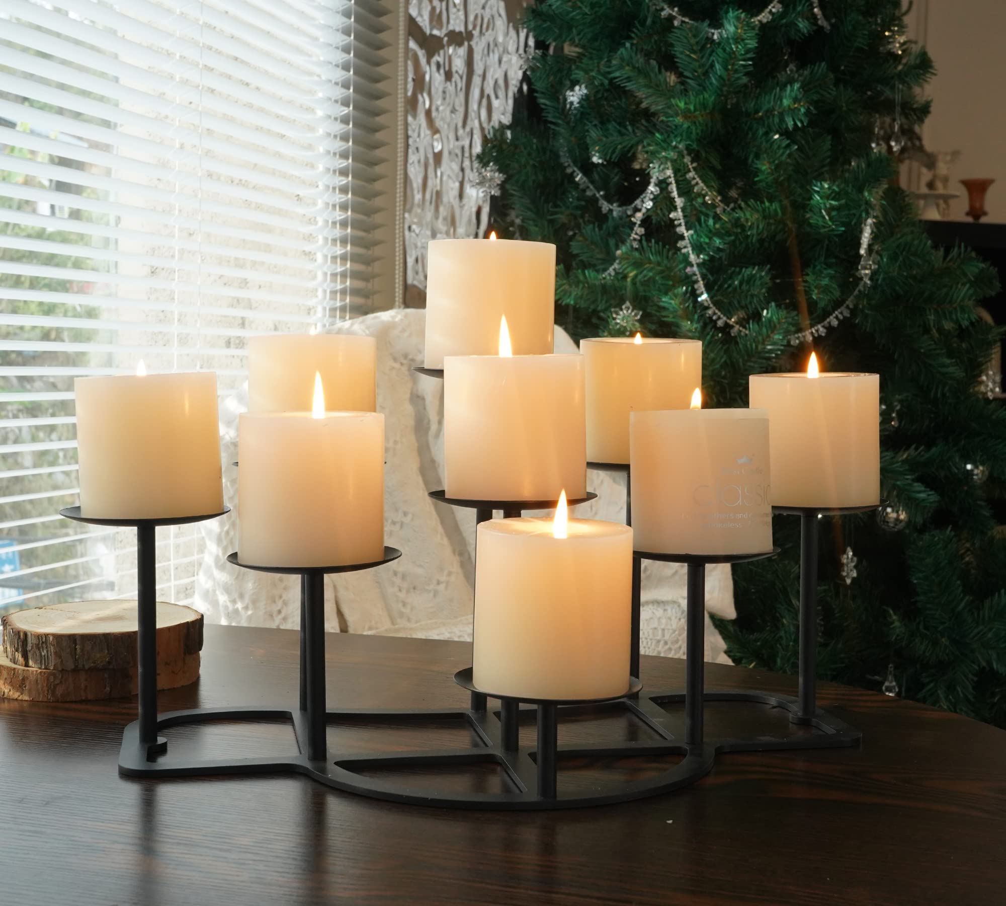 LANLONG 9-Branch Black Iron Candelabra for Pillar Candles - Elegant Fireplace Candle Holder, Table Centerpiece & Floor Decor for Christmas, Advent, Wedding & Home Decoration