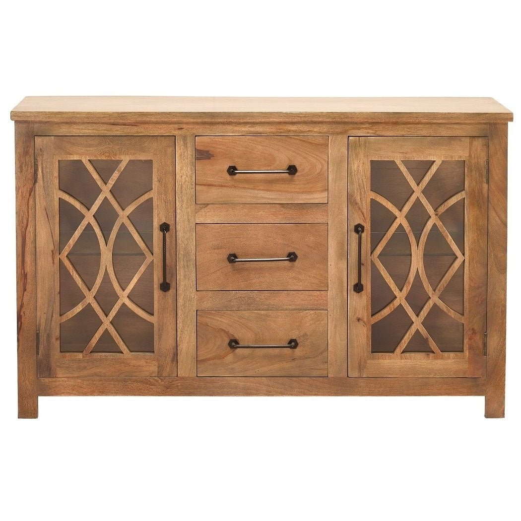 French Arched Indian Solid Wood Buffet Cabinet with Glass Door & 3 Drawers - Elegant Dining Room Storage for China, Silverware & Linens