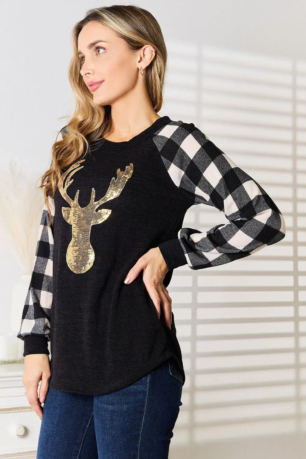 Heimish Women's Full Size Sequin Reindeer Graphic Plaid Blouse - Christmas Party, Holiday Outfit, Festive Fashion Top for Women
