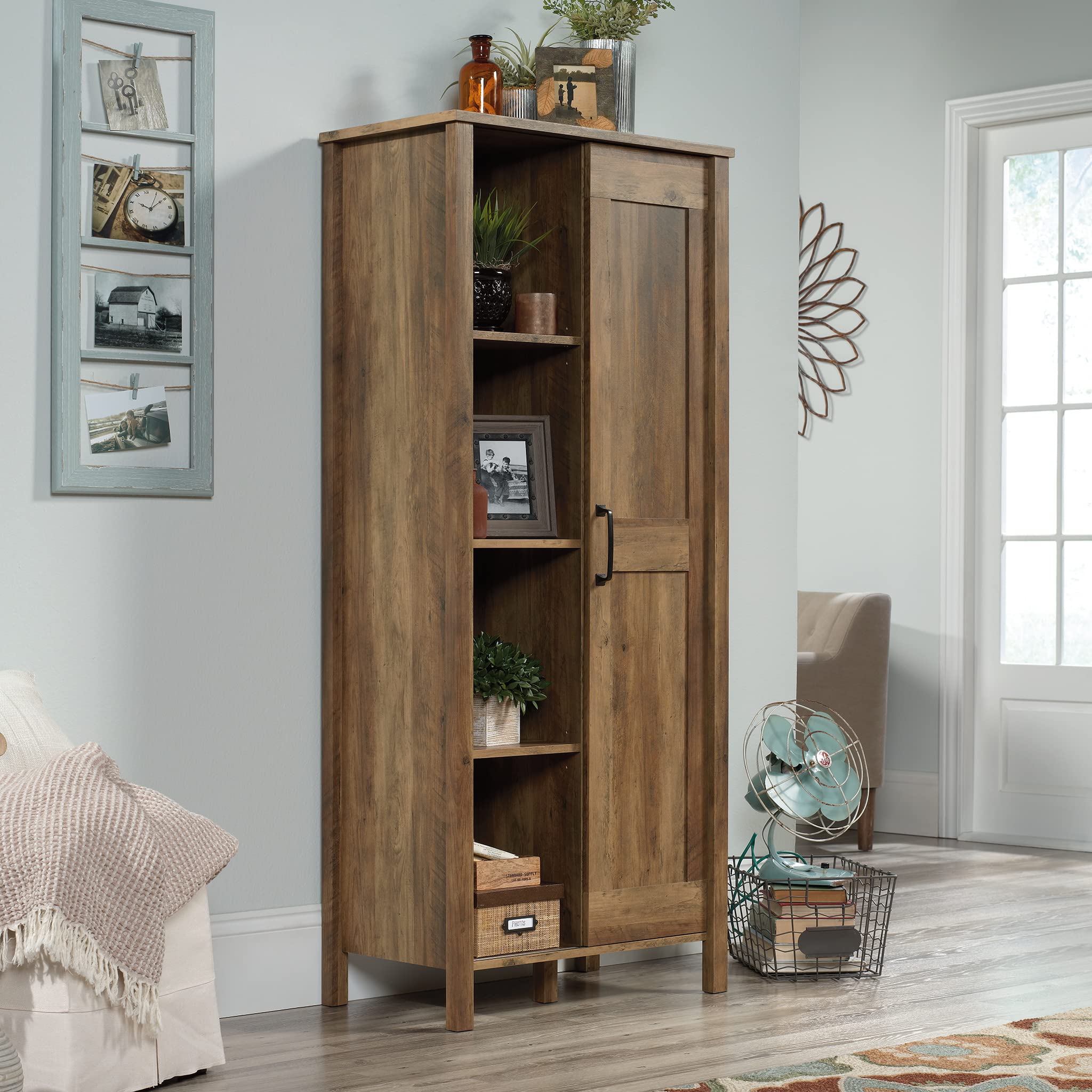 Sauder Sliding Door Storage Cabinet - Rustic Pine Finish Pantry Organizer for Kitchen, Bathroom, or Home Office | Durable & Stylish Storage Solution