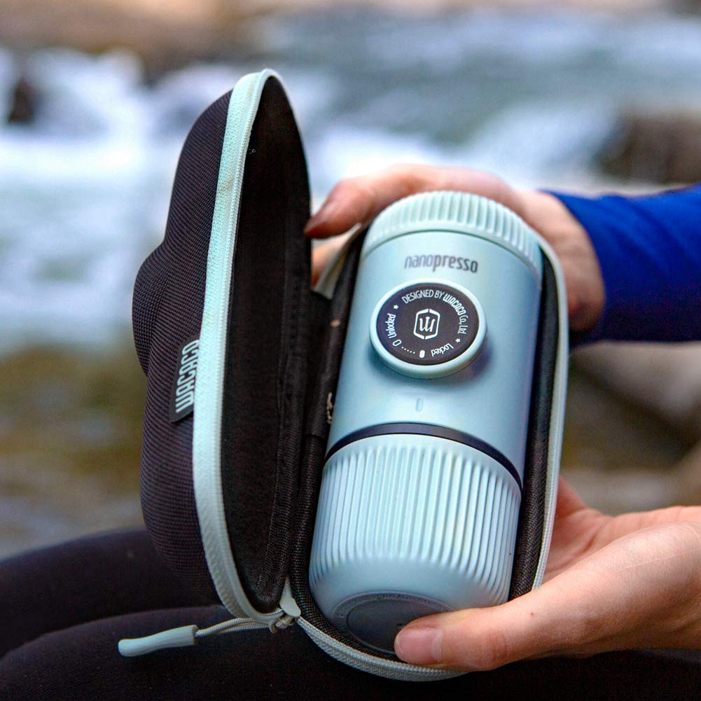 WACACO Nanopresso Portable Espresso Maker with Travel Case - Mini Handheld Coffee Machine for Camping, Hiking, Travel & Office Use - Compatible with Nespresso Pods & Ground Coffee (Arctic Blue) | Perfect Gift for Coffee Lovers & Outdoor Enthusiasts
