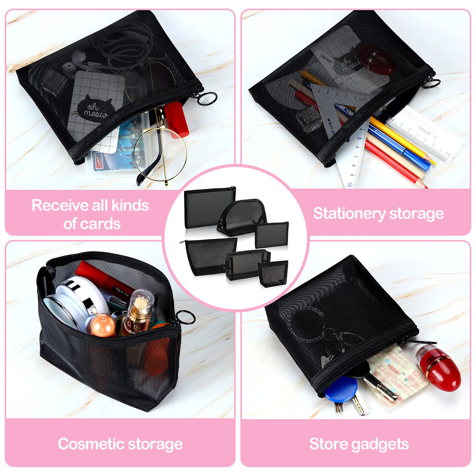 6-Piece Black Mesh Zipper Pouch Set - Breathable Travel Toiletry Bags for Cosmetics, Jewelry & Essentials - Perfect for Home, Office & Vacation Organization (Portable Storage Solution)