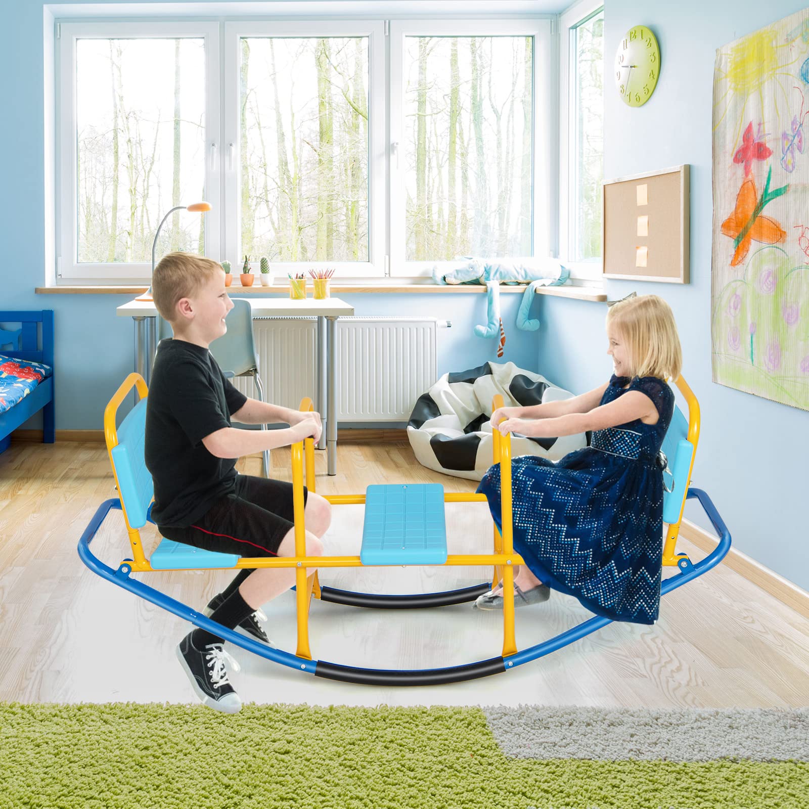Costzon 2-in-1 Metal Teeter Totter Seesaw for Kids Ages 3-8 - Outdoor Rocking Toy with Easy-Grip Handles for 1-3 Toddlers - Durable Preschool Backyard & Indoor Play Equipment - Perfect Birthday Gift for Boys & Girls - Ideal for Backyards, Parks, Daycares and Playrooms