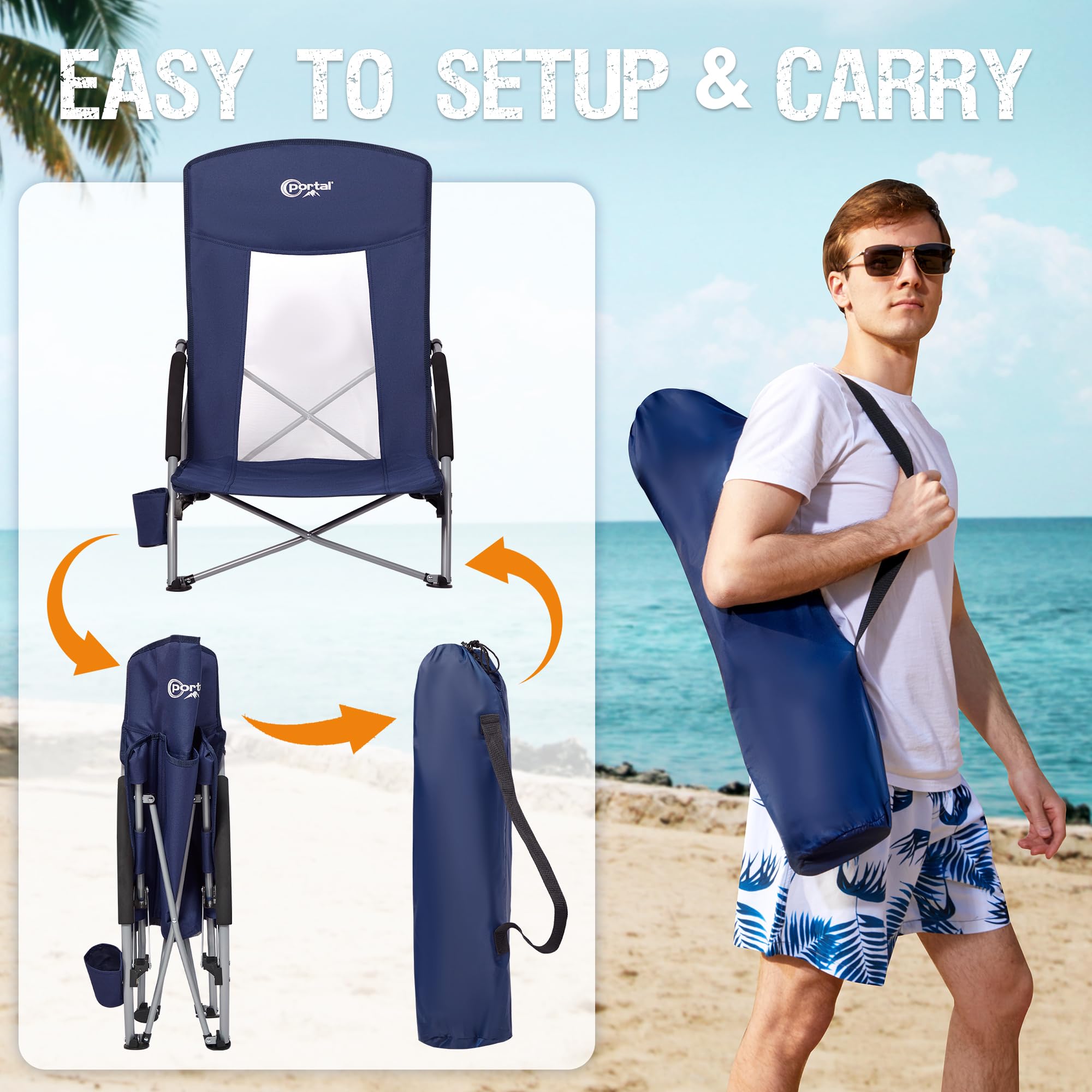 **PORTAL Lightweight Beach Chairs for Adults - Portable Camping Chair with Cup Holder & Mesh Back - Supports 300LBS - Carry Bag Included - Perfect for Outdoor, Travel, Picnic, Concert & Festival**