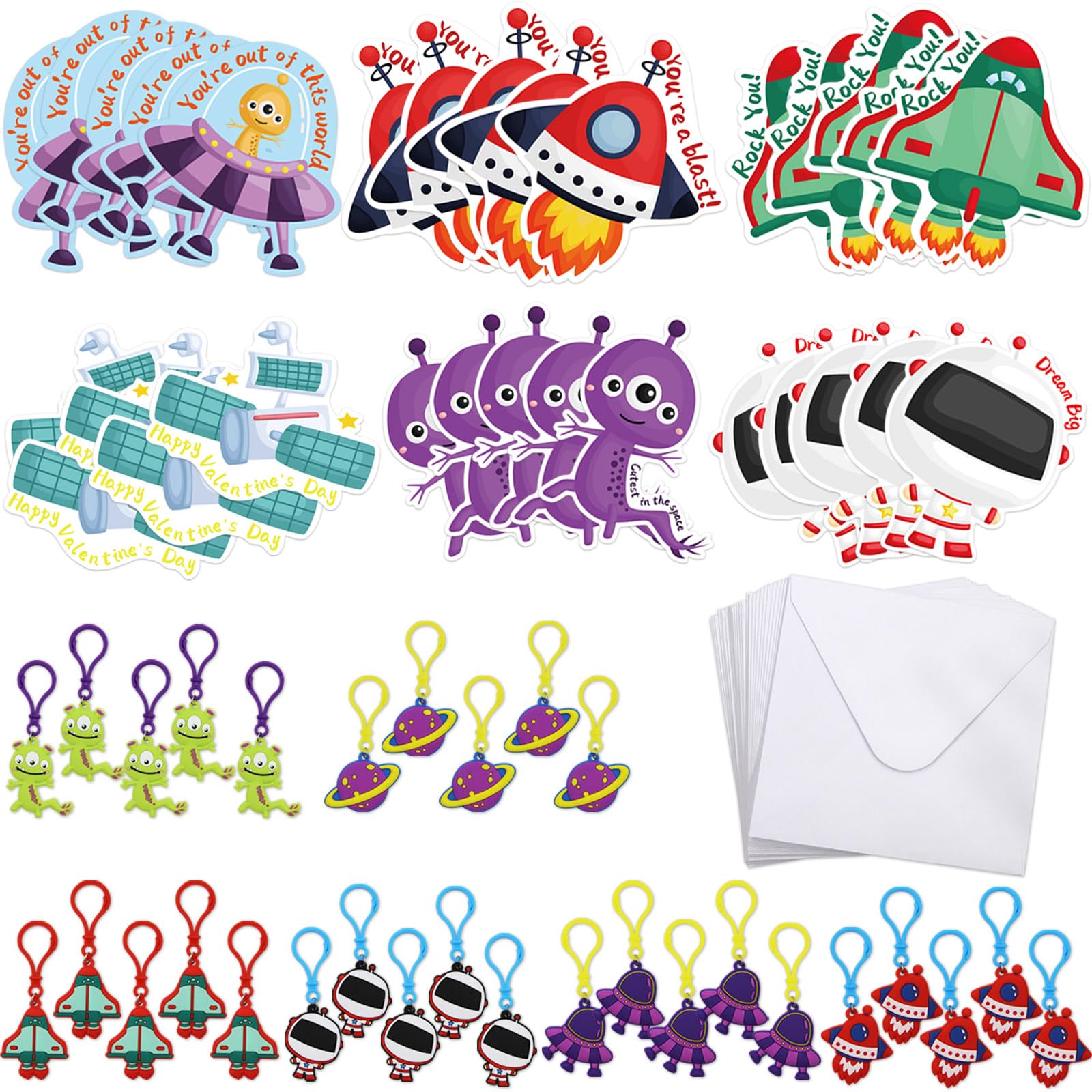 30 Pack Space Themed Valentines Day Cards for Kids - Classroom Exchange Gifts with Keychains - Perfect for Boys, Girls, School Parties & Valentine's Day Celebrations