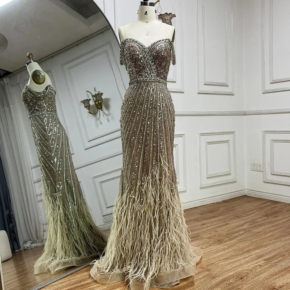 Luxury Dubai Caramel Spaghetti Strap Mermaid Gown with Feathers & Beads - Saudi Arabian Evening Dress for Formal Occasions LA72715 | Perfect for Weddings, Galas, Red Carpet Events & Special Celebrations