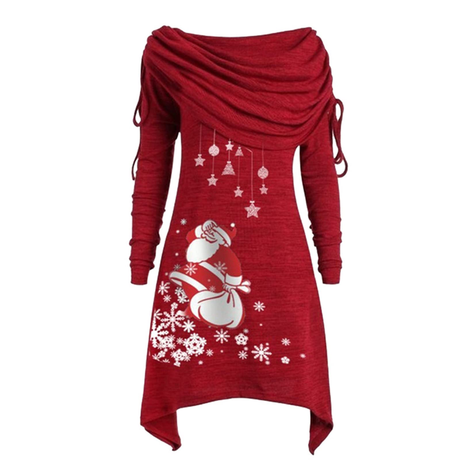 Women's Christmas Printed Sweater Dress - Turtleneck Long Sleeve Tunic with Ruched Drawstring Detail | Holiday Party Outfit, Winter Casual Dress, Christmas Family Gathering Attire