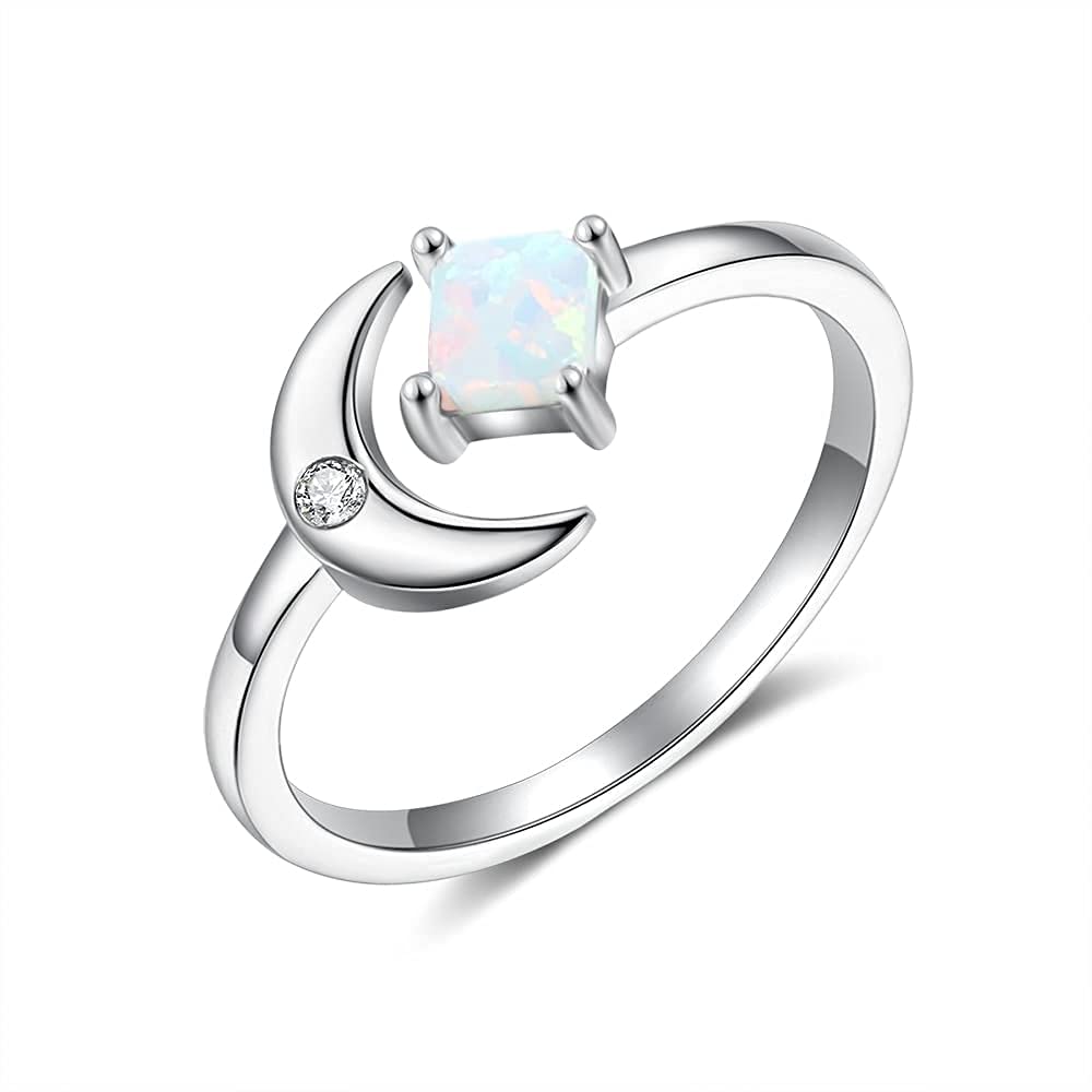 925 Sterling Silver Adjustable Open Rings for Women - Square White Opal Moon Rings - 925 Silver Jewelry for Wedding, Anniversary, Gift & Everyday Wear