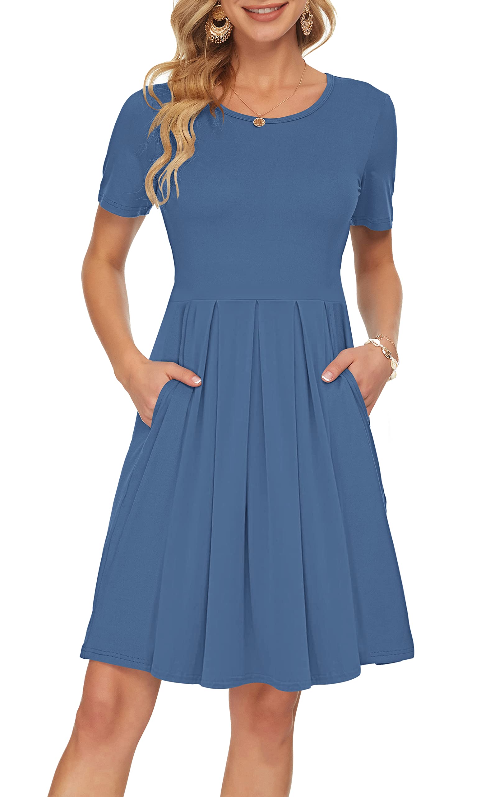 AUSELILY Women's Summer Short Sleeve Pleated Swing Dress - Knee Length Loose Fit with Pockets | Casual Beach Wear, Vacation Outfit, Brunch Dress (2025 New Collection)