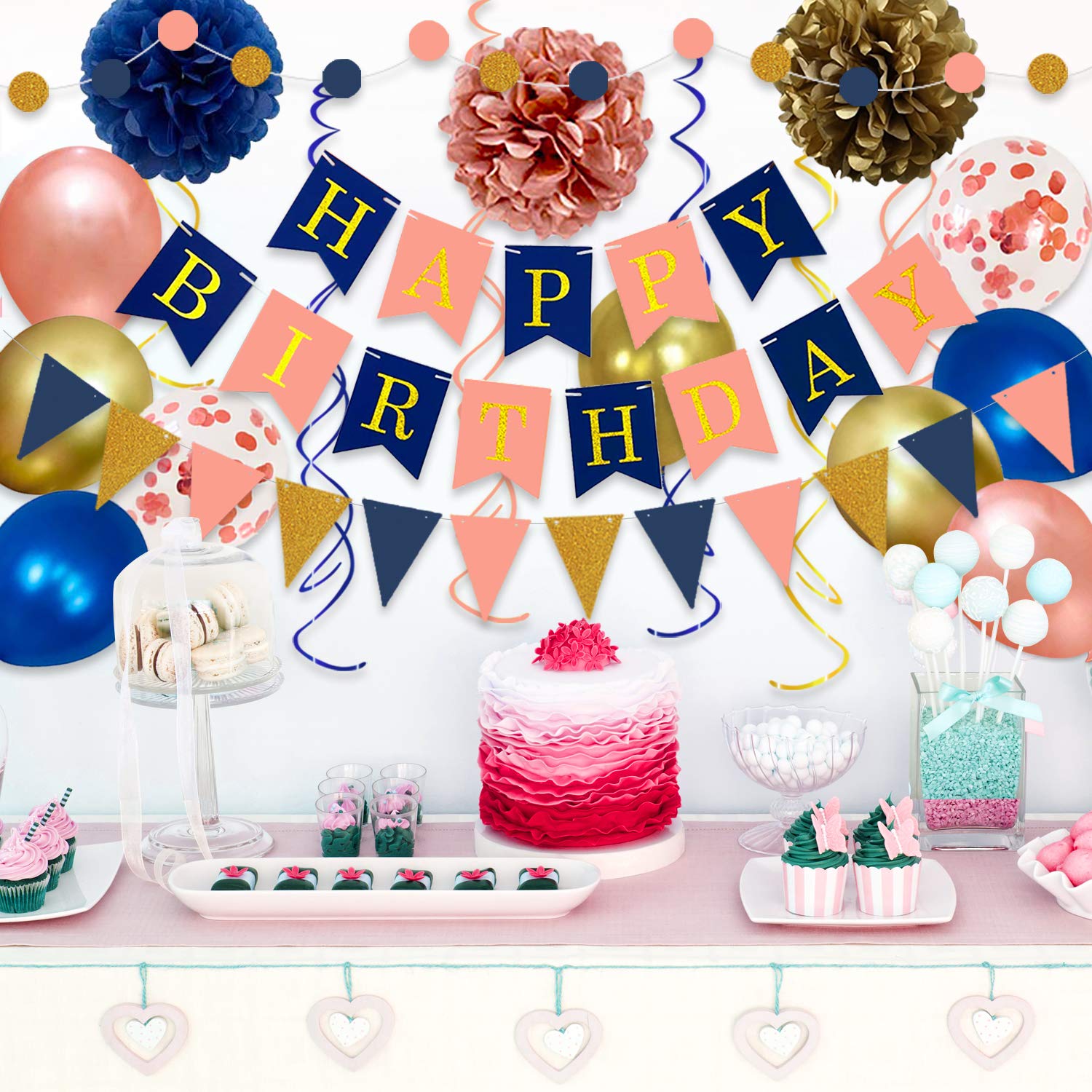Navy Rose Gold Birthday Party Decorations Set - Paper Pom Poms, Happy Birthday Banner, Garland & Latex Balloons for Women, Men, Girls | Perfect for Baby Showers, Bridal Showers & Birthday Parties