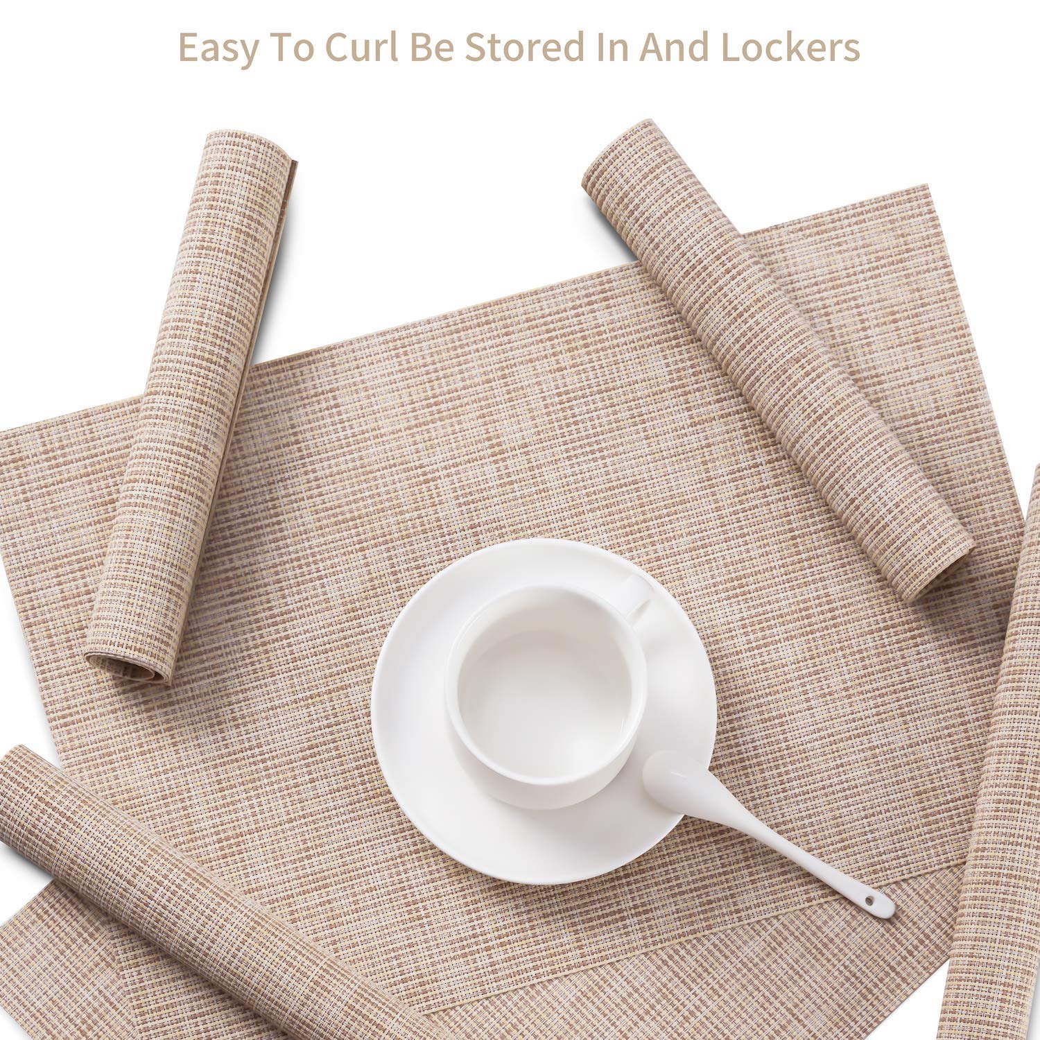 SENDAY Heat-Resistant & Stain-Resistant PVC Placemats Set of 8 - Non-Slip Woven Vinyl Table Mats for Kitchen Dining, Washable & Durable Beige Placemats - Perfect for Everyday Meals, Dinner Parties & Home Decor