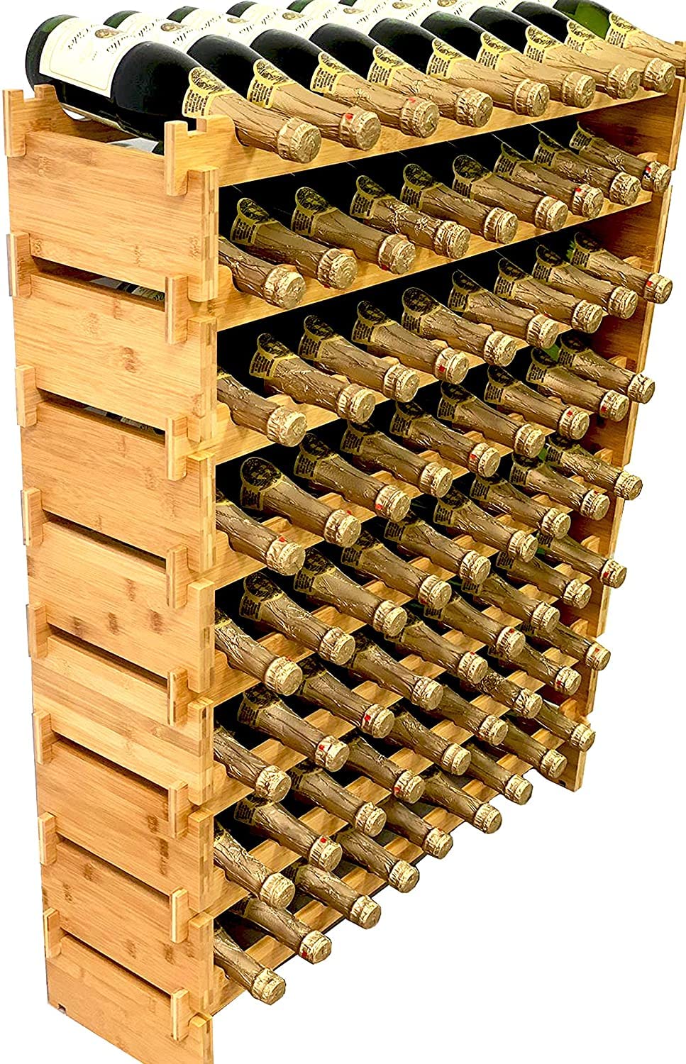 Stackable Bamboo Wine Rack - 72 Bottle Capacity, Modular Wine Storage Shelf with Wobble-Free Design for Home Bar, Kitchen or Cellar Organization - Solid Wood Display Holder (8-Tier)