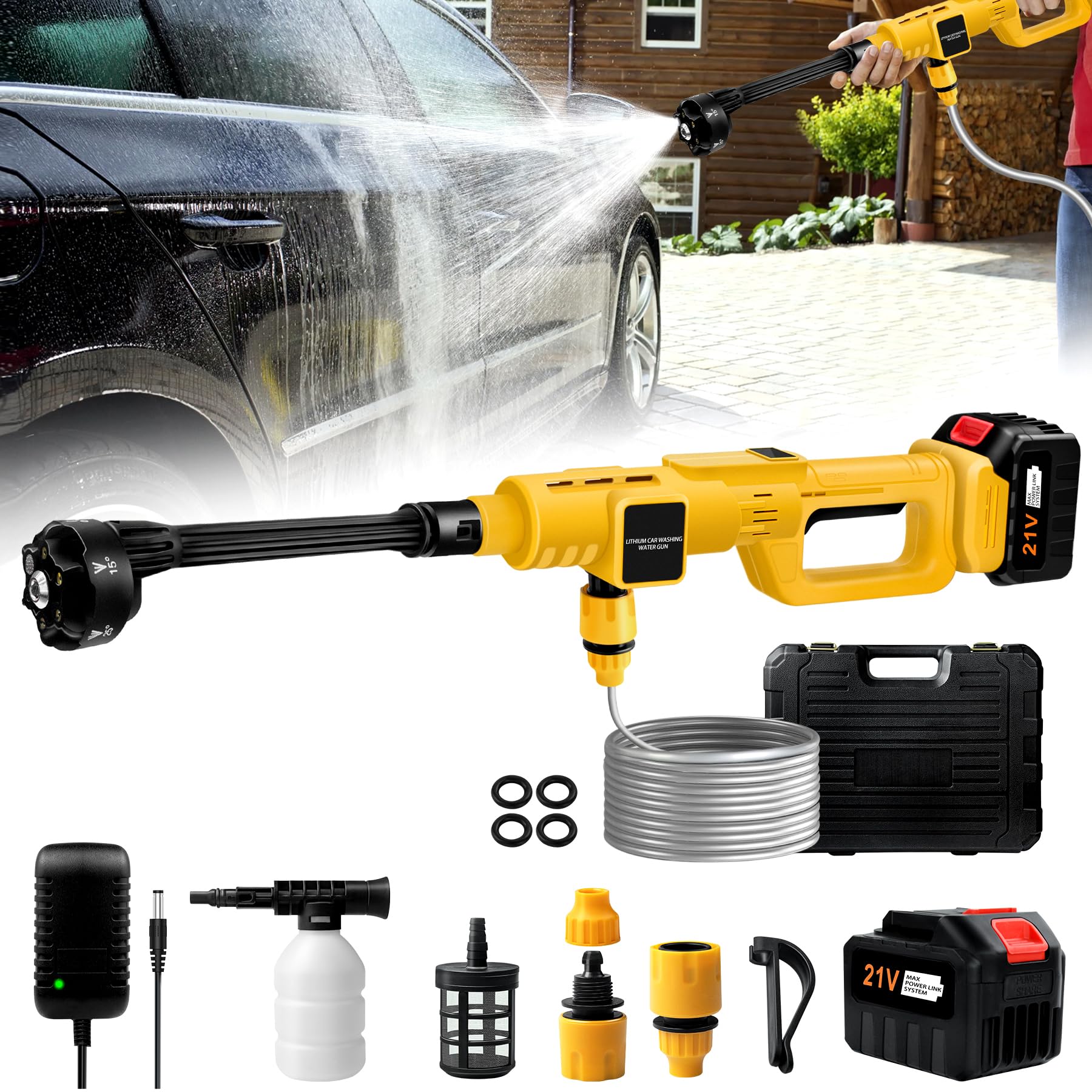 15000mAh Cordless Pressure Washer - 900PSI Battery Powered Power Washer with 6-in-1 Nozzle | Portable Pressure Cleaner for Cars, Boats, Patio, Driveway & Garden | Outdoor Cleaning & Watering Tool (Yellow)