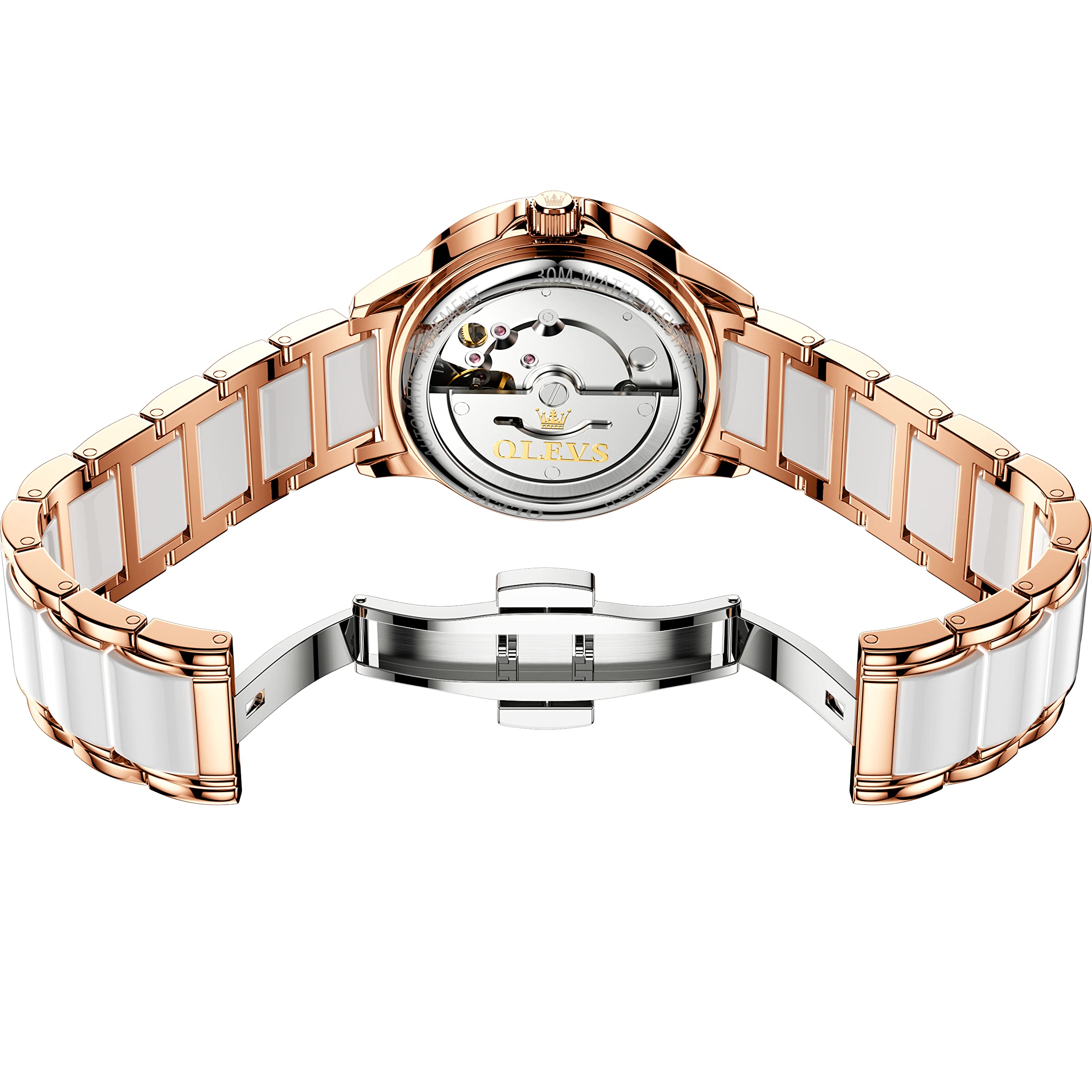 OLEVS Women's Automatic Self-Winding Diamond Watch - Rose Gold Ceramic Luxury Dress Watch with Heart Date Display | Perfect for Formal Events, Date Nights & Anniversary Gifts