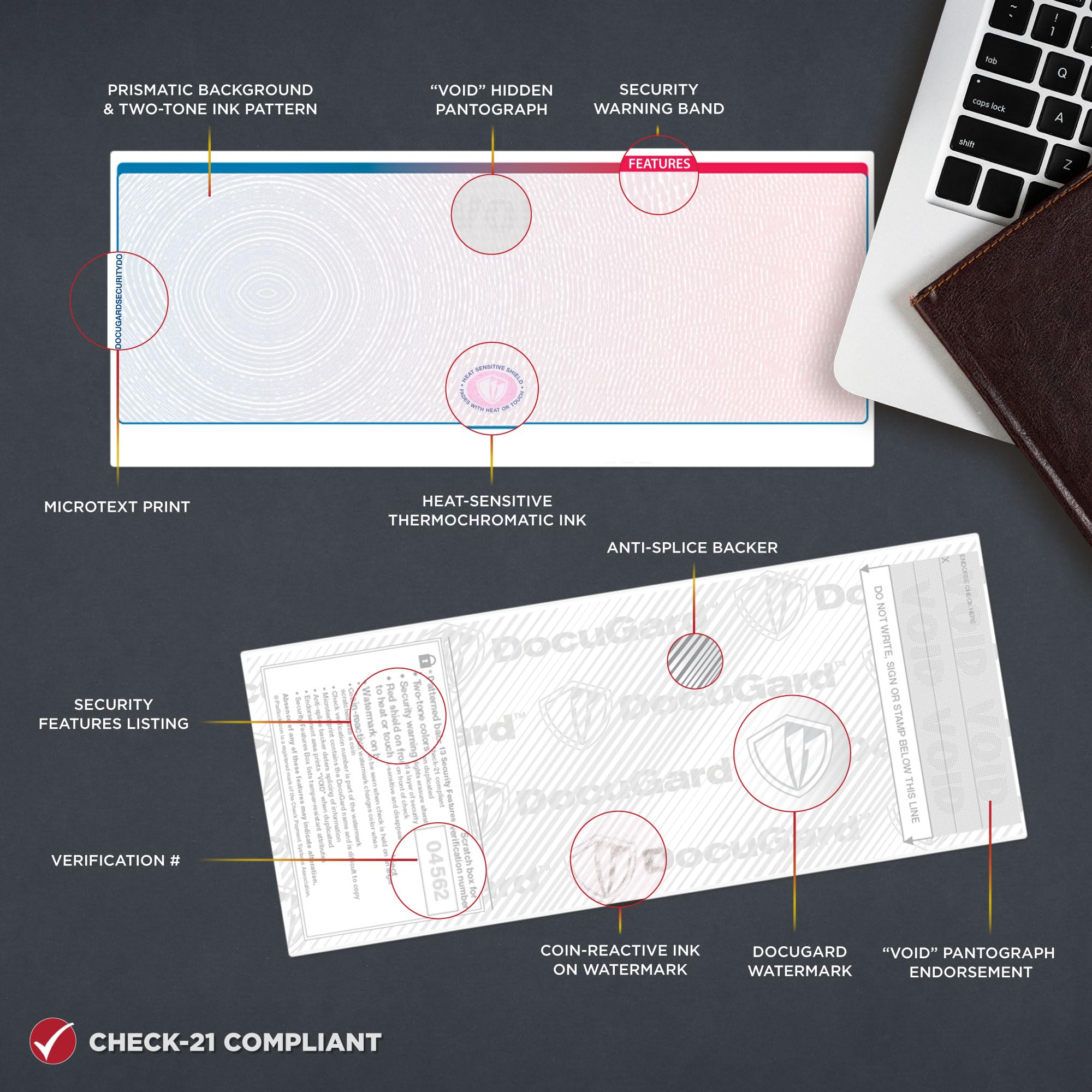 DocuGuard Blue/Red Galaxy Premier Prismatic High Security Check Paper - Compatible with Laser & Inkjet Printers - 13 Advanced Security Features - 2500 Blank Business Checks (04562C) - Ideal for Fraud Protection & Secure Business Transactions