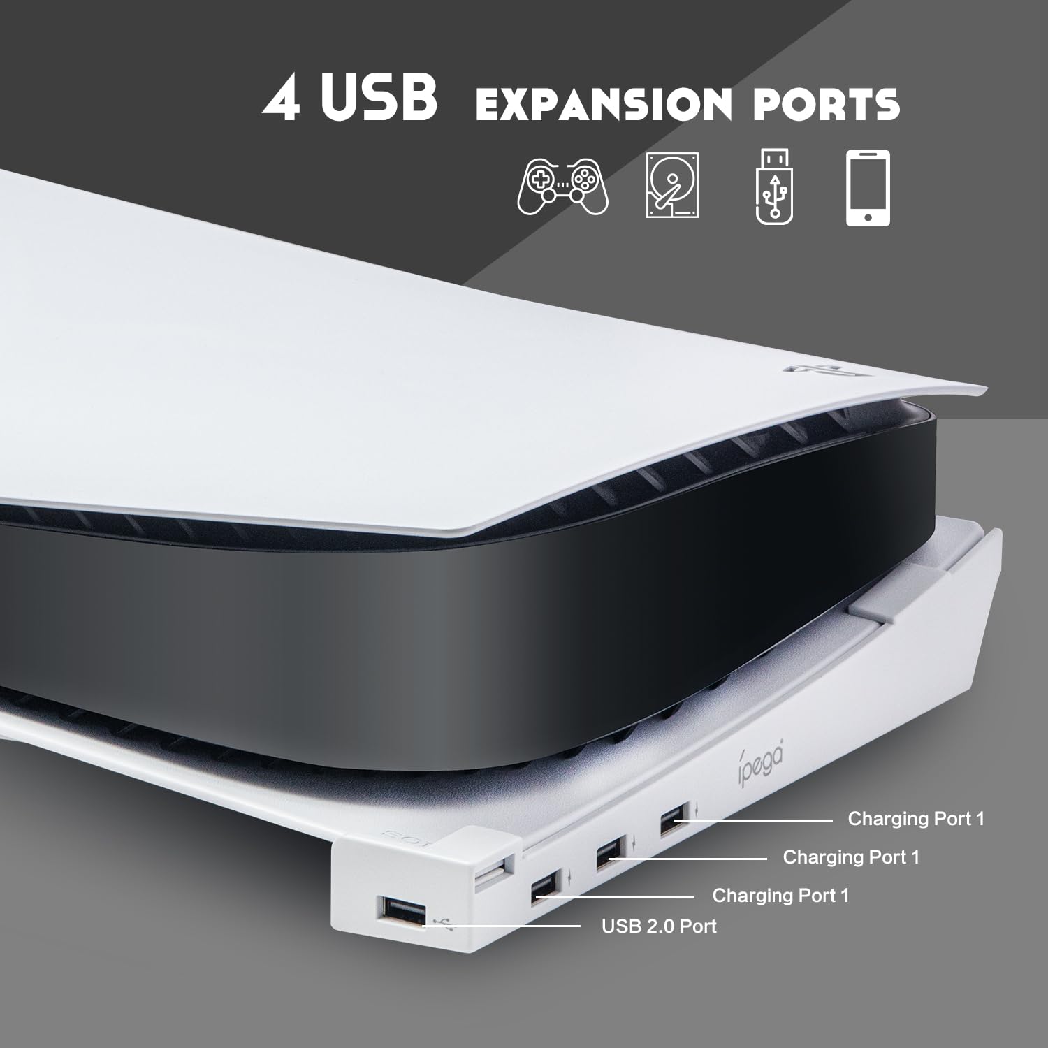 ECHZOVE PS5 Horizontal Stand with 4 USB Ports, Fast Charging & Data Transfer - Compatible with PlayStation 5 Disc & Digital Editions (Not for PS5 Slim/Pro) - Perfect for Gaming Setup & Console Organization