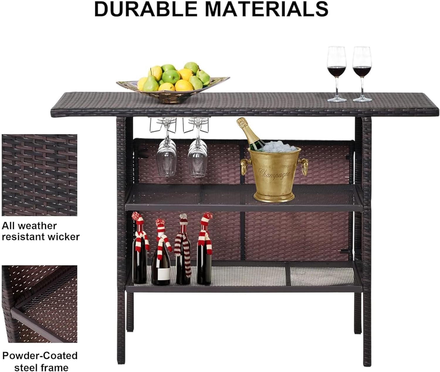 Outdoor Wicker Bar Table with 2 Steel Shelves & Wine Glass Holders - Patio Rattan Counter Table for Backyard, Garden & Poolside - Perfect for Entertaining Guests & Outdoor Dining