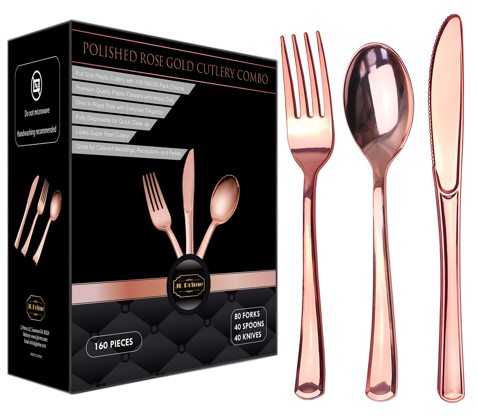JL Prime 160-Piece Rose Gold Plastic Silverware Set - Heavy Duty Disposable Cutlery for Parties, Weddings, Events - Includes 80 Forks, 40 Spoons, 40 Knives - Elegant Flatware for Catering, Picnics & Special Occasions