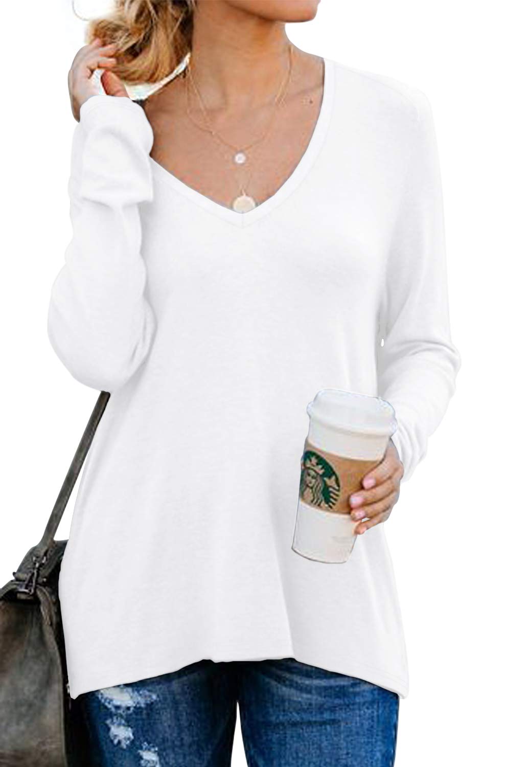 PrinStory Women's V-Neck Raglan Sweatshirt with Side Zipper - Casual Long Sleeve Top for Everyday Wear