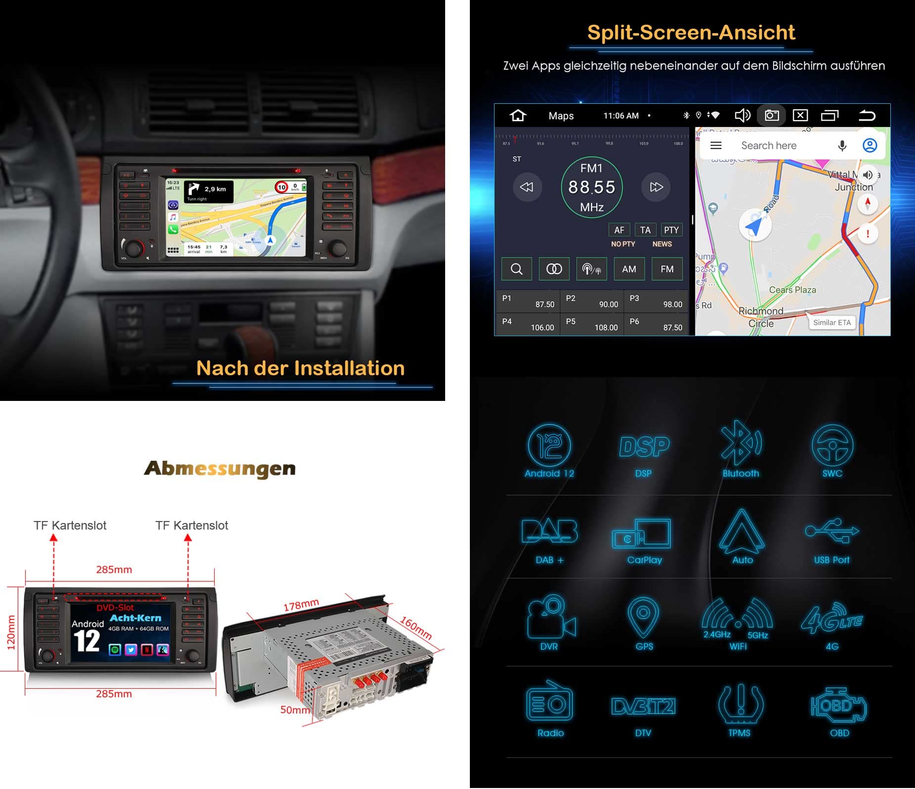 Erisin 7 Inch 8-Core 4GB RAM+64GB ROM Android 12 Car DVD Player for BMW X5 E53 - GPS Navigation, DAB+, Touch Screen, Apple CarPlay, Android Auto, Bluetooth 5.0, WiFi, DSP, FM, ADP2, SWC - Perfect for Road Trips & Daily Commutes