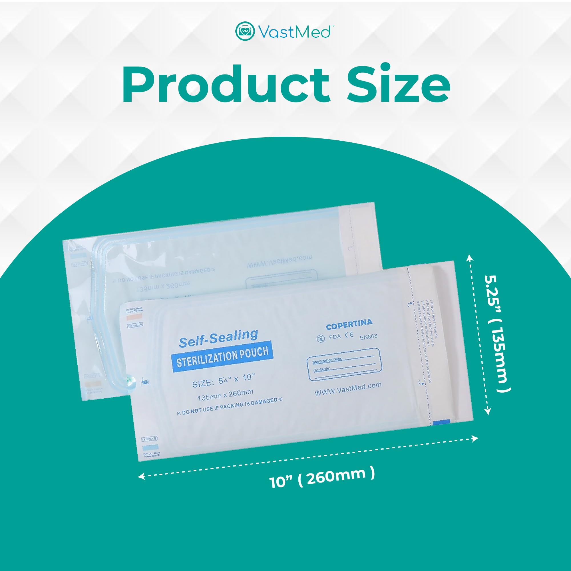 VASTMED Self Seal Sterilization Pouches with Dual Indicators - 5.25x10