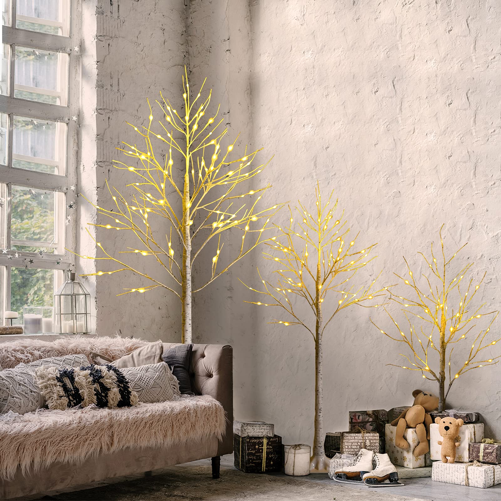 Happygrill 5FT Artificial White Birch Tree with 72 Warm White LED Lights - Pre-lit Twig Christmas Decoration for Holiday Festival, Indoor Party & Carnival - Perfect for Living Room, Bedroom, Office & Event Decor