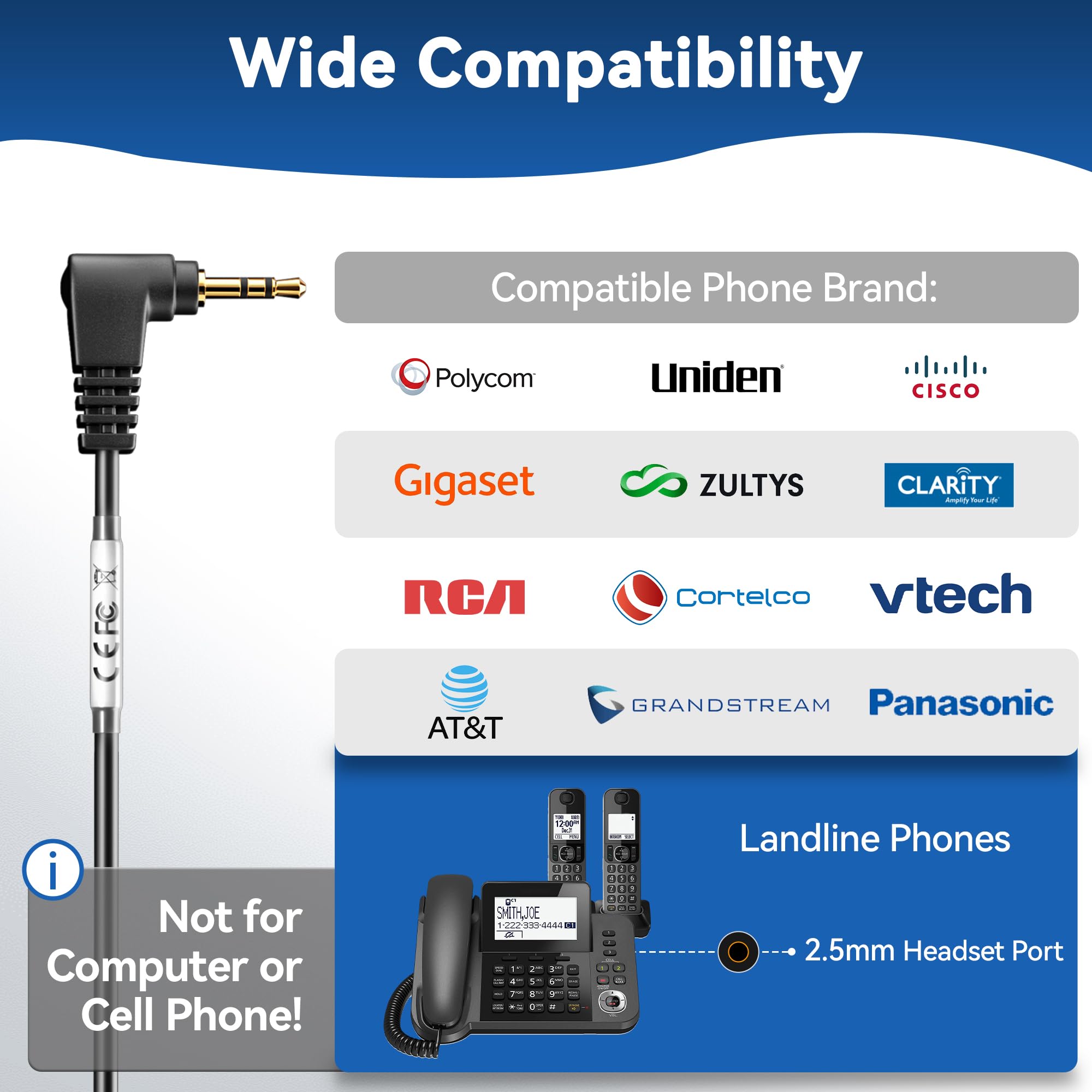 Wantek Noise Cancelling Phone Headset with Microphone - 2.5mm Jack Compatible with Panasonic, AT&T ML17929, Vtech, RCA, Cisco, Uniden, Polycom & Grandstream Cordless Phones - Perfect for Home Office, Call Centers & Customer Service