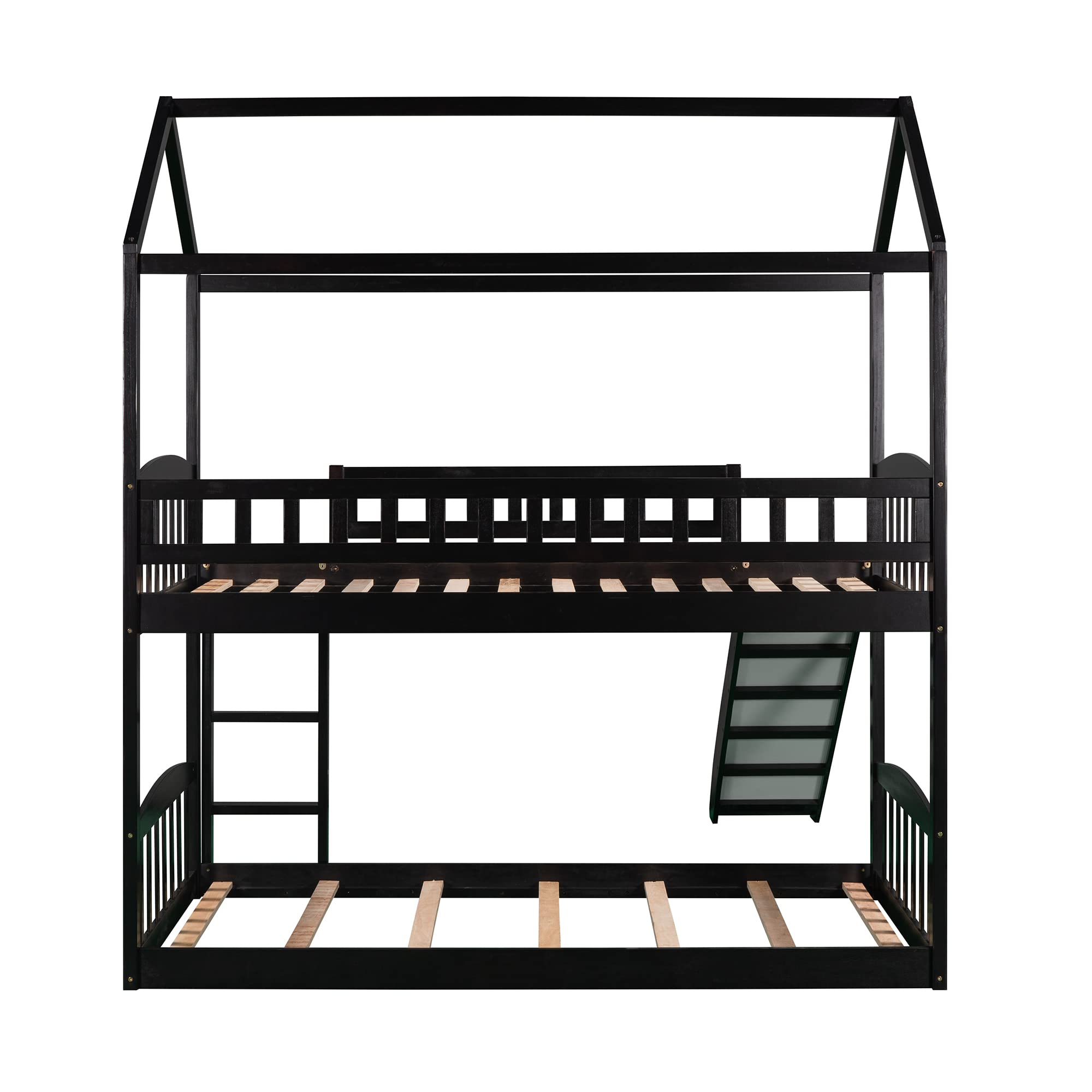 Twin Over Twin Bunk Bed with Slide and Roof - Solid Wood House Bed Frame for Kids, Teens & Adults - No Box Spring Needed - Espresso Finish - Perfect for Small Bedrooms, Guest Rooms & Vacation Homes