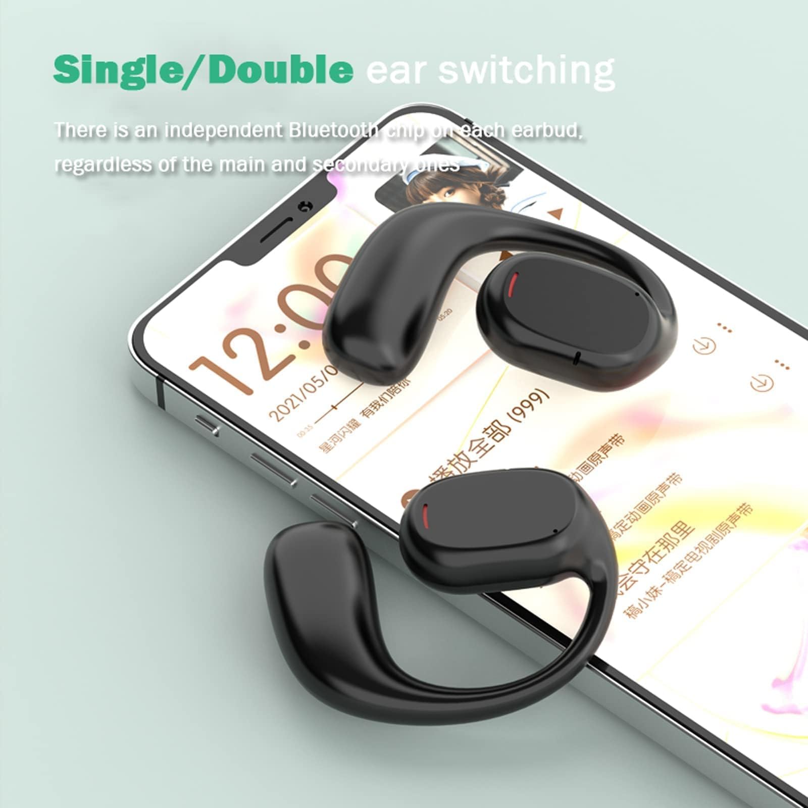 **Wireless Open Ear Bone Conduction Headphones – Bluetooth 5.0, Comfortable Earhooks, Sweatproof for Running, Cycling & Workouts**