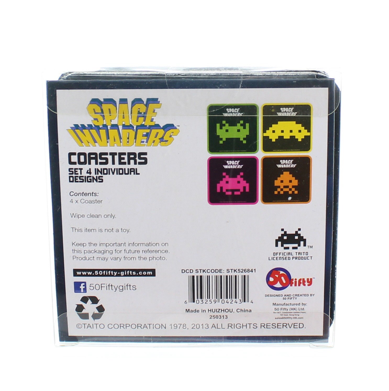 50Fifty Space Invaders Coasters Set of 4 - Absorbent Drink Coasters for Coffee, Beer & Wine - Fun Gaming-Themed Table Protectors for Home, Office & Game Room Decor