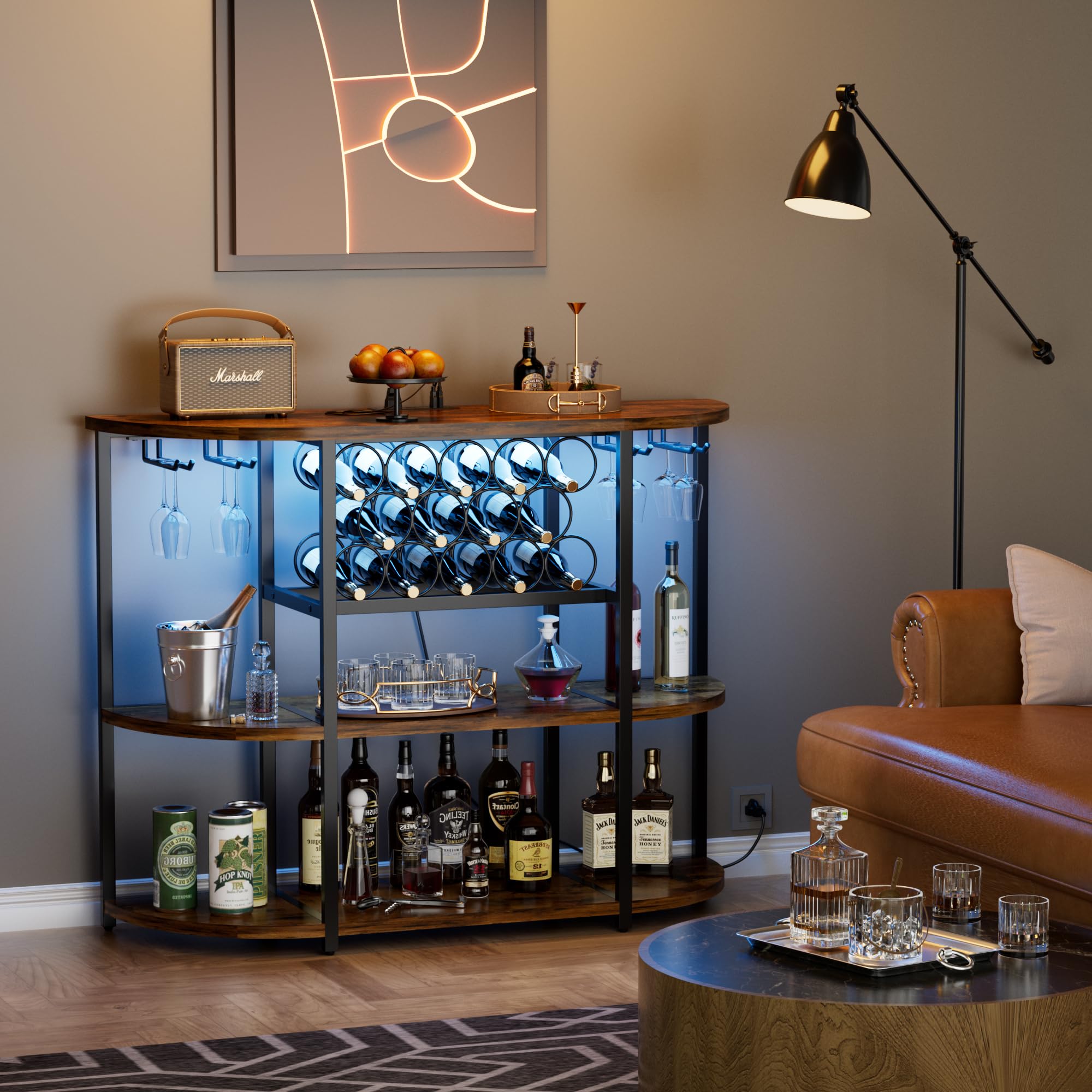 Shahoo Rustic Brown Wine Bar Cabinet with Rack - Built-in Power Outlets & LED Lights, Storage Shelves for Liquor Bottles & Glasses - Perfect for Home Kitchen, Dining Room or Entertainment Area