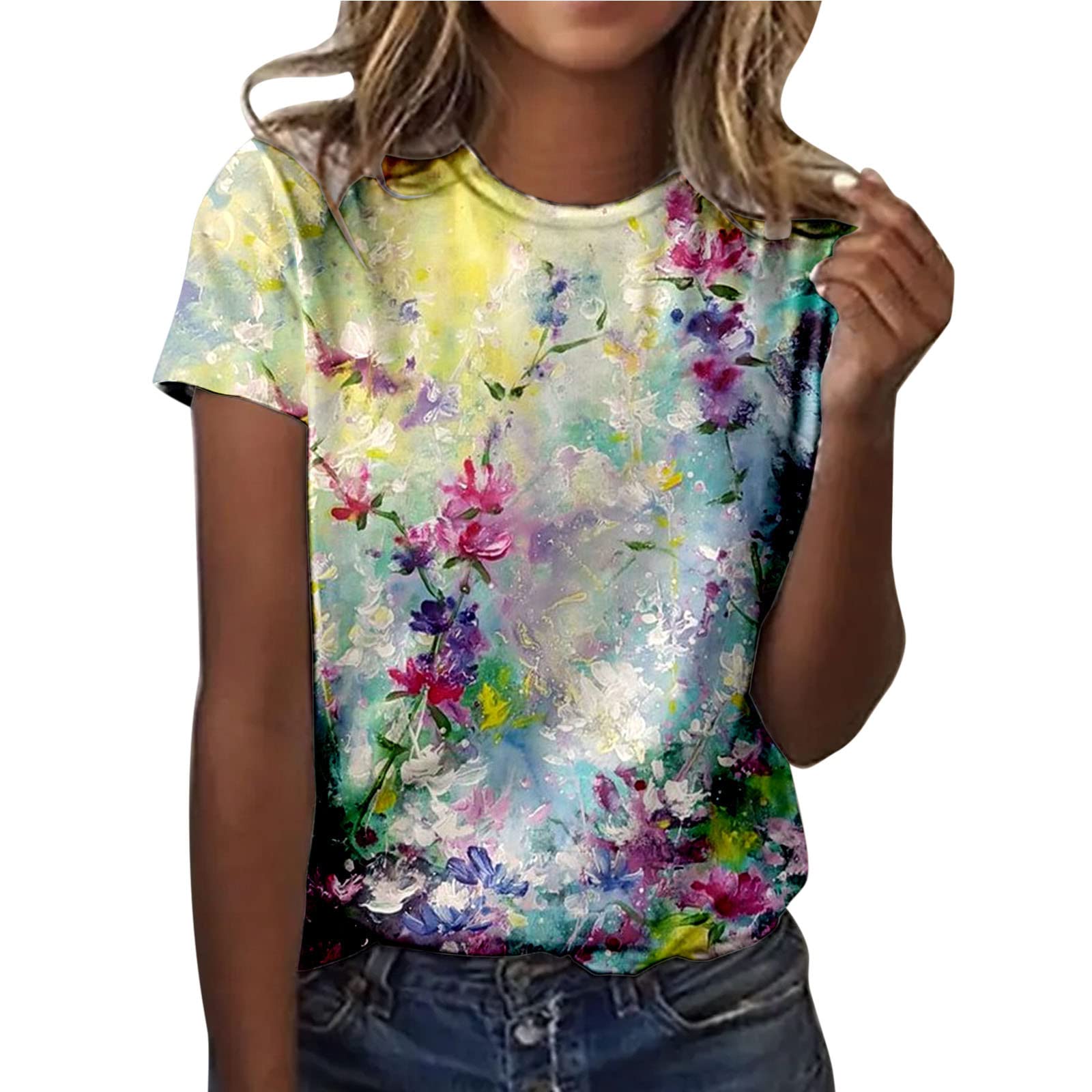Women's Floral Printed Short Sleeve T-Shirt - Summer Blouse & Graphic Tee Top for Casual Wear, Beach Outfits & Vacation Style
