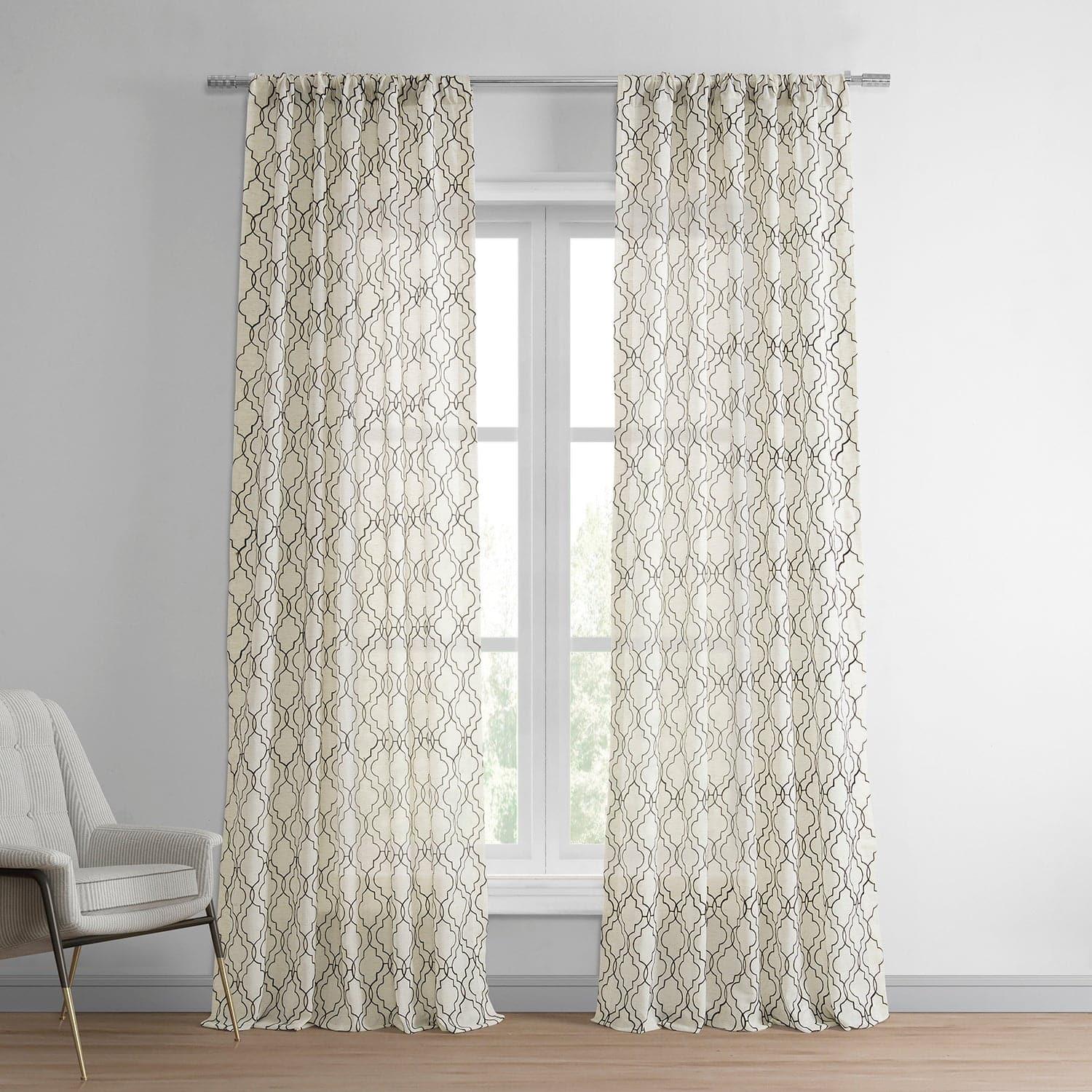 Saida Chocolate Embroidered Geometric Pattern Faux Linen Sheer Curtains - Elegant Window Treatment for Living Room, Bedroom & Dining Room