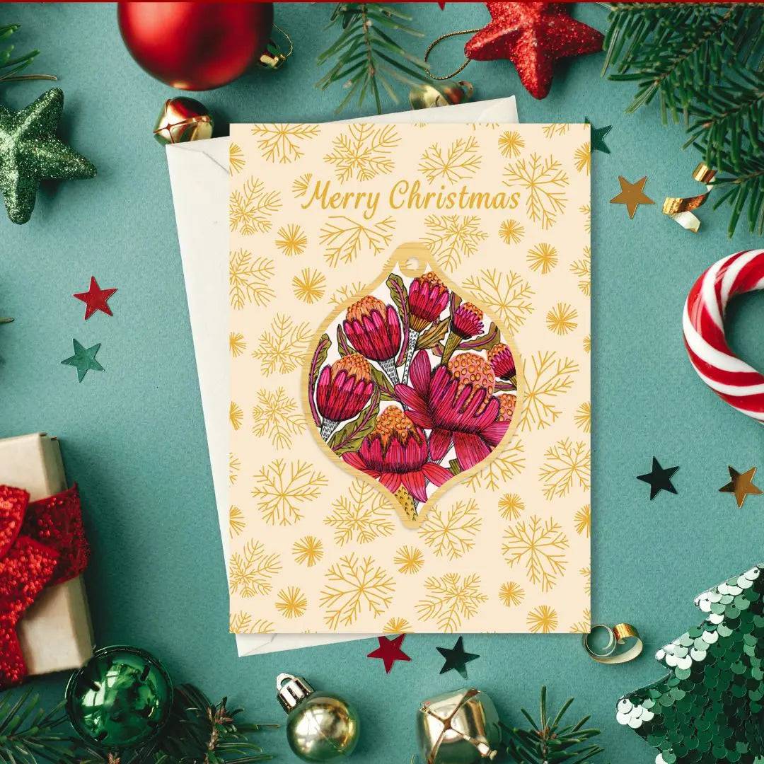 Australian Waratah Christmas Card & Bauble - Festive Holiday Greeting Card with Floral Design - Perfect for Xmas Decorations, Gift Giving & Holiday Celebrations