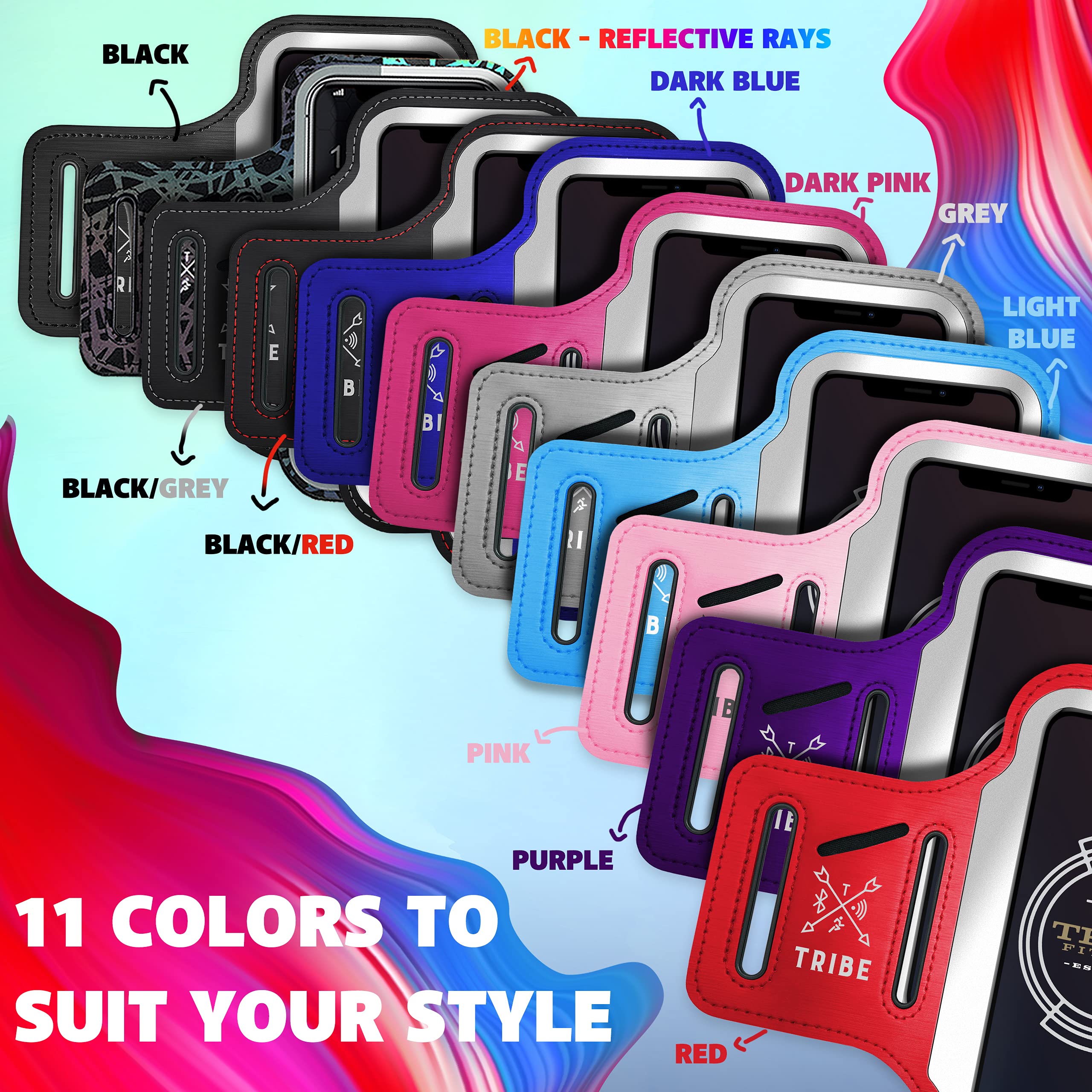 TRIBE Running Phone Holder Armband for iPhone & Galaxy - Adjustable Sports Armband for Men & Women - Perfect for Running, Jogging, Walking, Gym Workout - Fits All Smartphones with CC/Key Pocket - Ideal for Outdoor Activities, Fitness Training & Daily Exercise
