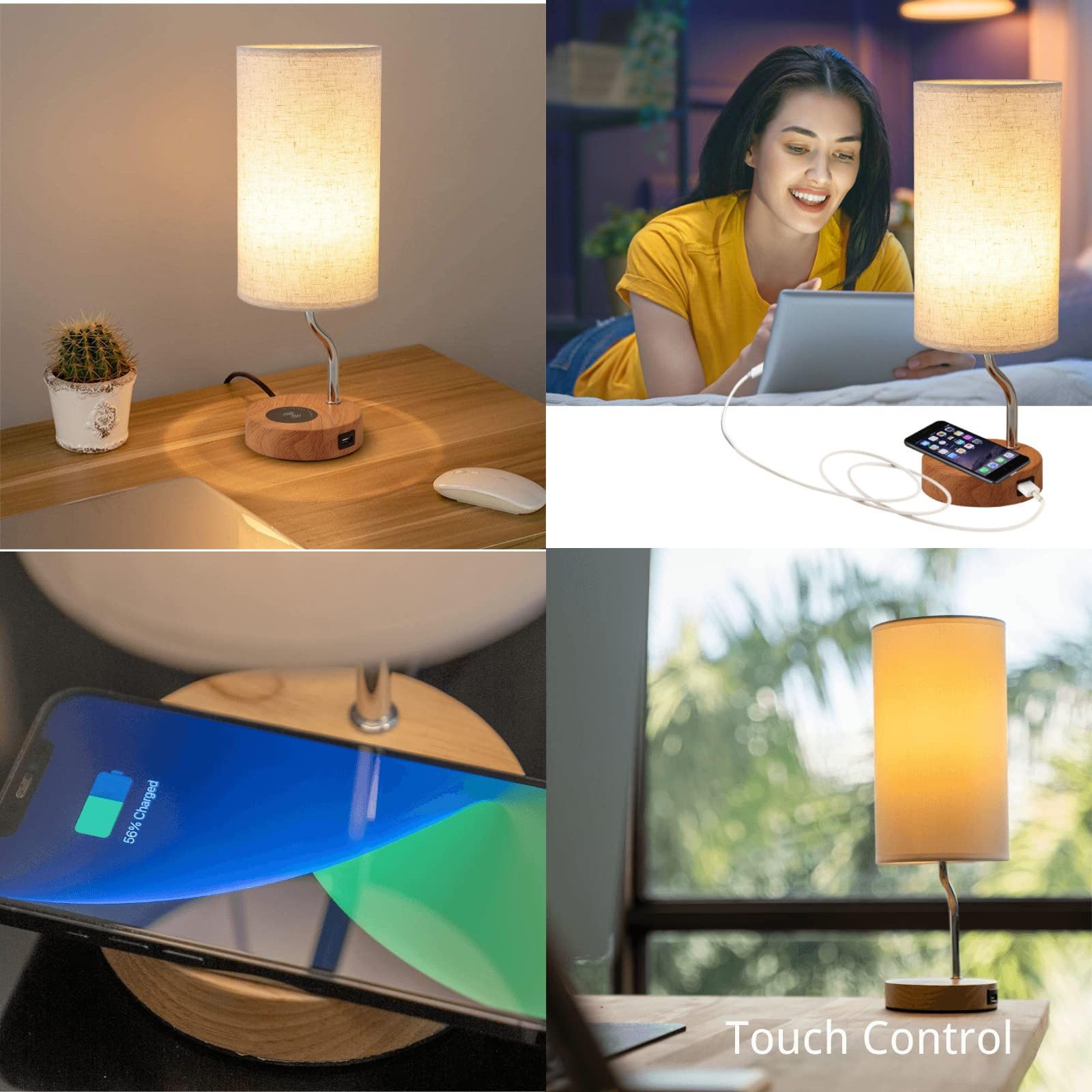 Wireless Charging Bedside Table Lamp with USB Port - 3-Way Dimmable Touch Control LED Desk Lamp for Bedroom, Wooden Nightstand Lamp with Fabric Shade for Living Room, Kids Room, Dorm & Office | Perfect for Reading, Working & Nighttime Use