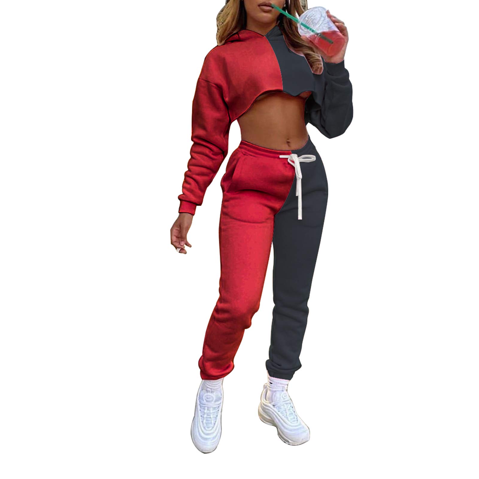 Women's 2-Piece Tracksuit Set - Hooded Crop Top Sweatshirt & High-Waisted Sweatpants with Body Letter Print | Fall Winter Casual Outfit for Lounge, Gym, and Streetwear Fashion