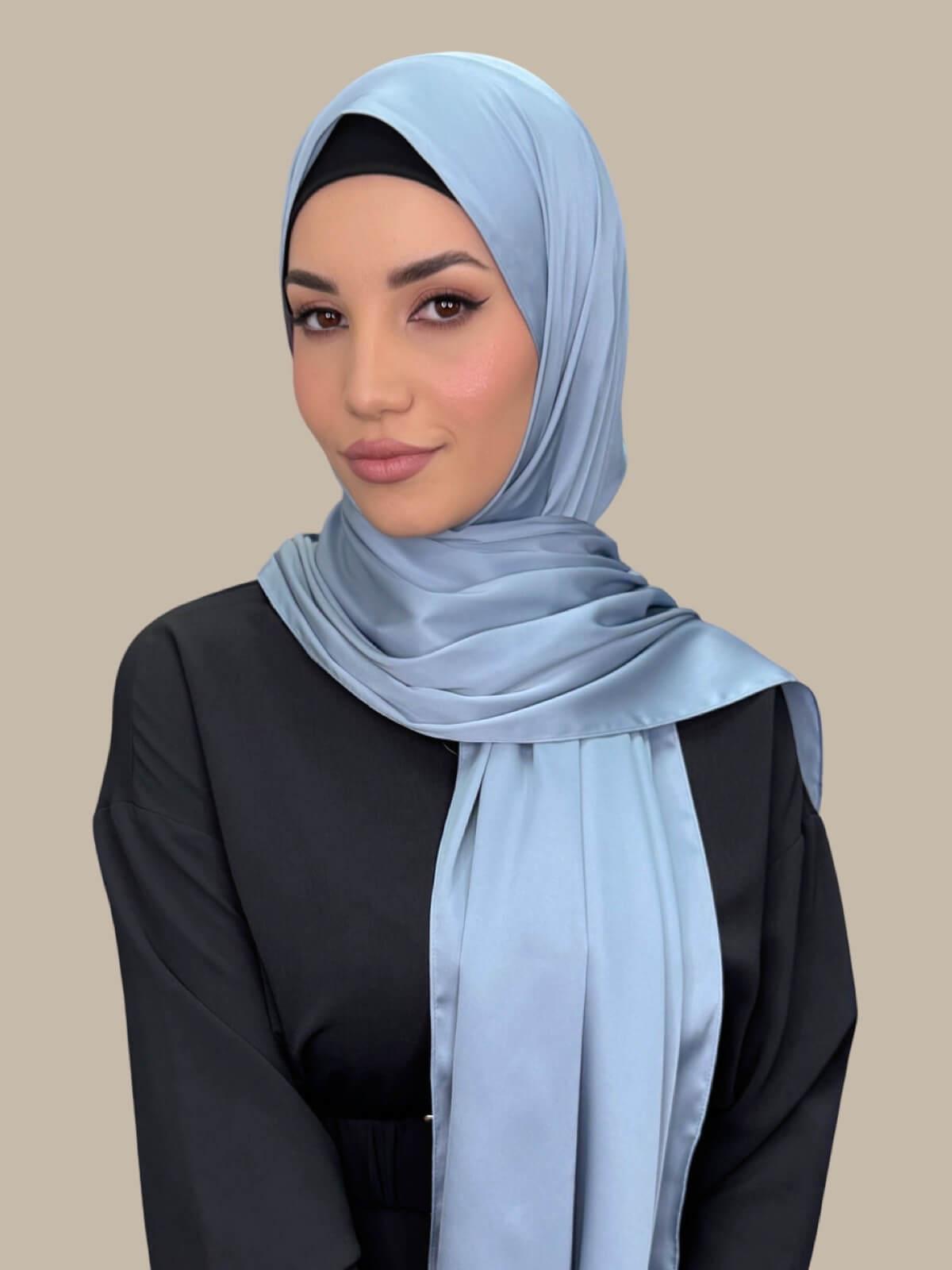 Luxury Satin Hijab Scarf - Soft Denim Blue Modest Muslim Headscarf for Women - Perfect for Daily Wear, Prayer, and Special Occasions