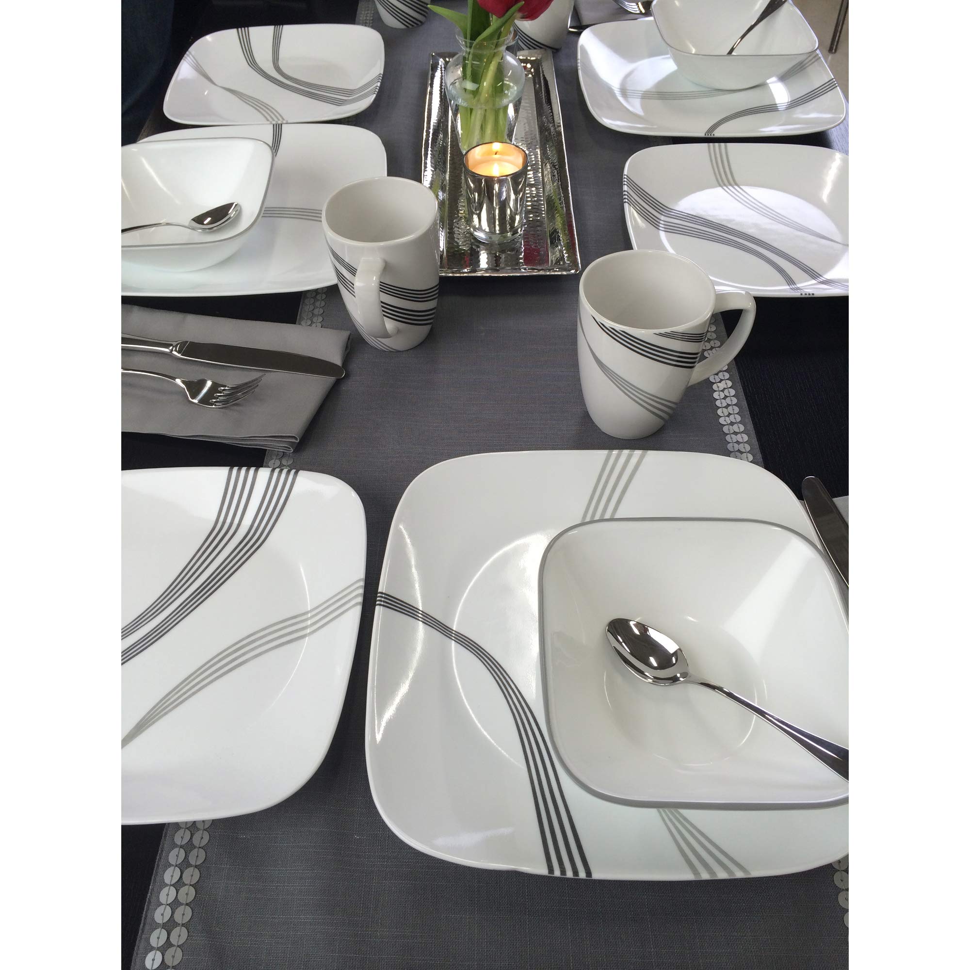 Corelle Boutique Square Urban Arc 16-Piece Dinnerware Set, Service for 4 - Modern Square Plates, Bowls & Mugs - Durable Chip-Resistant Dishware for Everyday Use, Family Dinners & Entertaining Guests