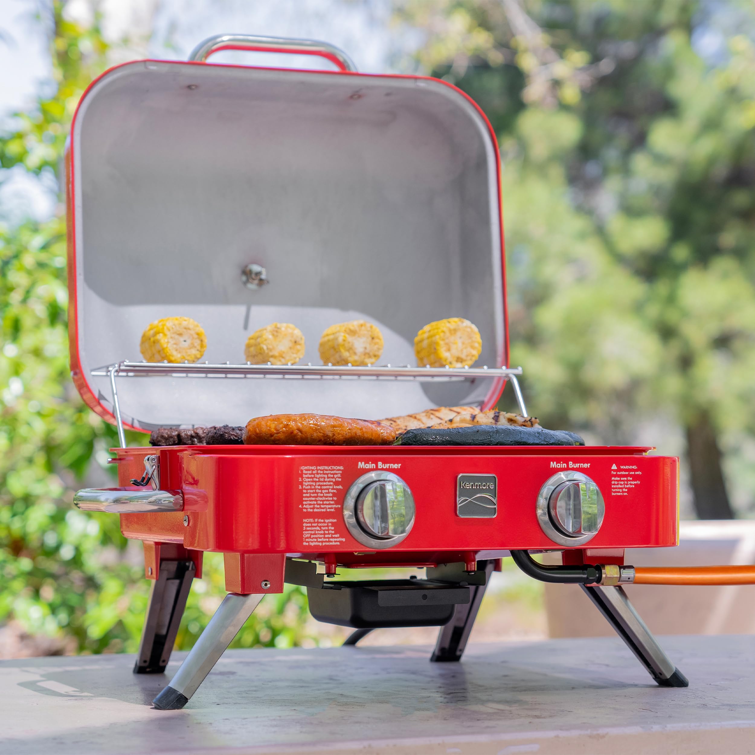 Kenmore Portable Propane Gas Grill - 2 Burner Tabletop BBQ Grill with 14,000 BTUs & Warming Rack, Stainless Steel Outdoor Cooking for Camping, Picnics, Tailgating, and Backyard Parties (Red)