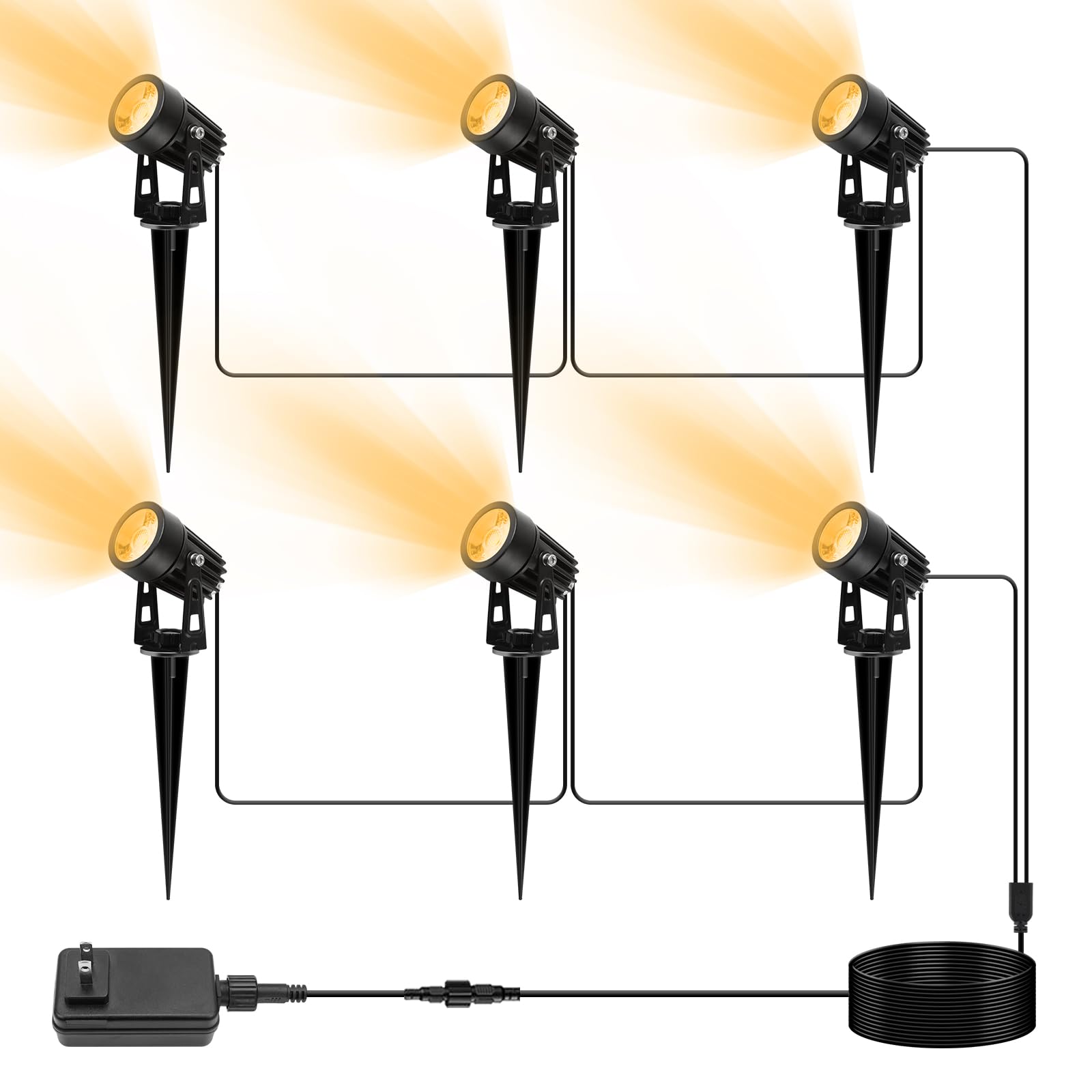 VOLISUN 6-Pack Low Voltage Outdoor Landscape Spotlights with Transformer - Metal Uplights with Stakes, 131.2ft Cable, IP65 Waterproof, Warm White for Garden, House, Flags, Trees & Pathway Lighting