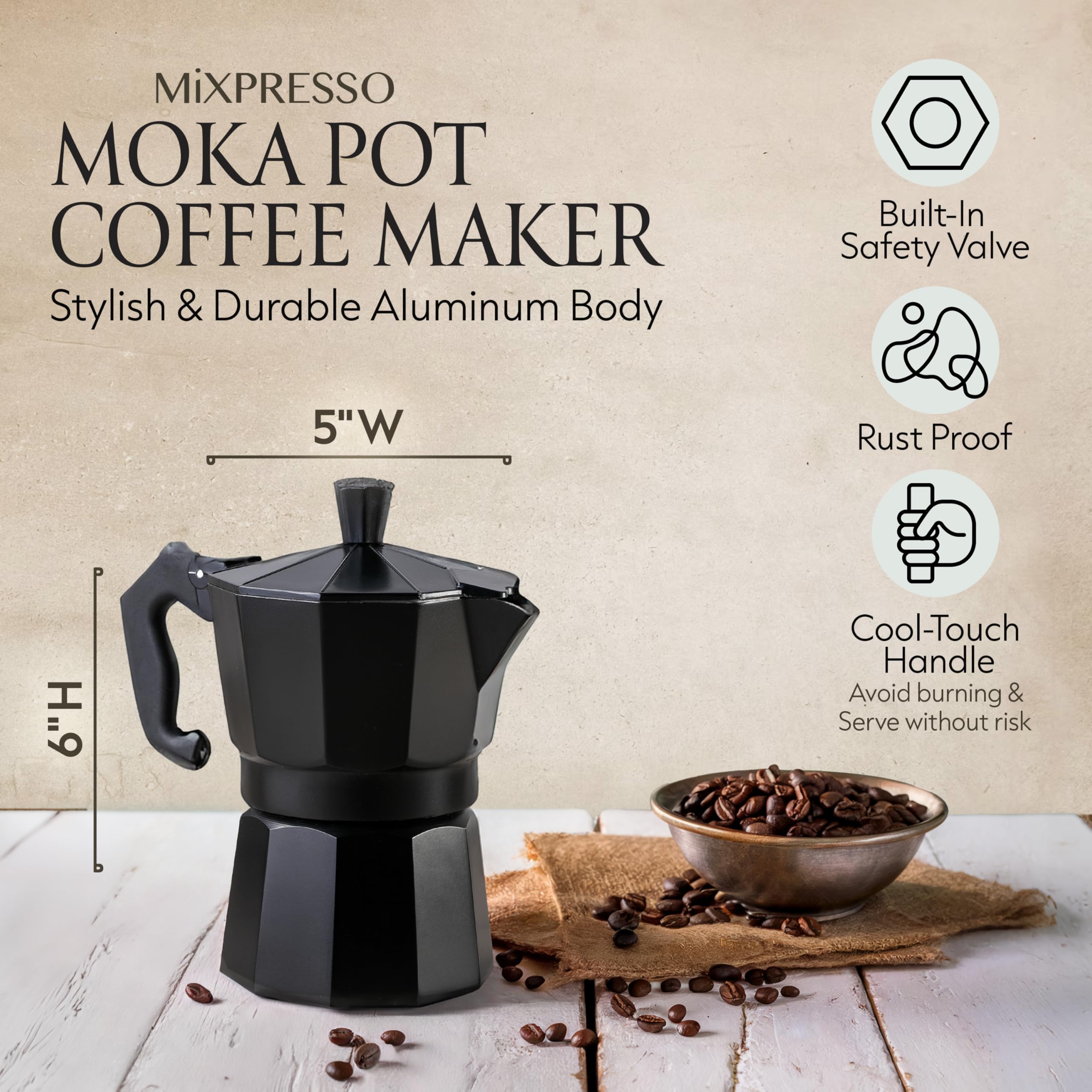 Mixpresso Aluminum Moka Pot Stovetop Espresso Maker - 3 Cup (5 oz) Italian Coffee Brewer for Gas & Electric Stoves with Bonus Coffee Mug - Perfect for Home, Office & Camping Espresso Brewing