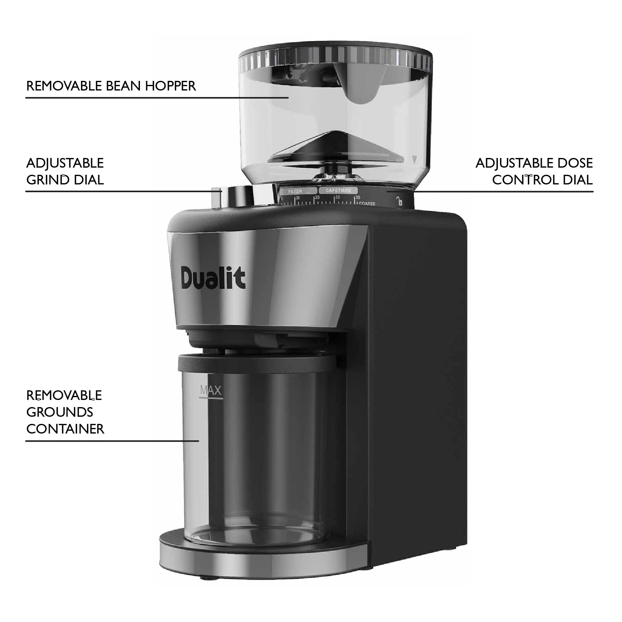 Dualit Professional Burr Coffee Grinder - 35 Precise Grind Settings for Espresso to French Press - Adjustable Portion Control & Removable Stainless Steel Conical Burrs - Easy Clean Design with Safety Lock - Perfect for Home Baristas & Coffee Shops